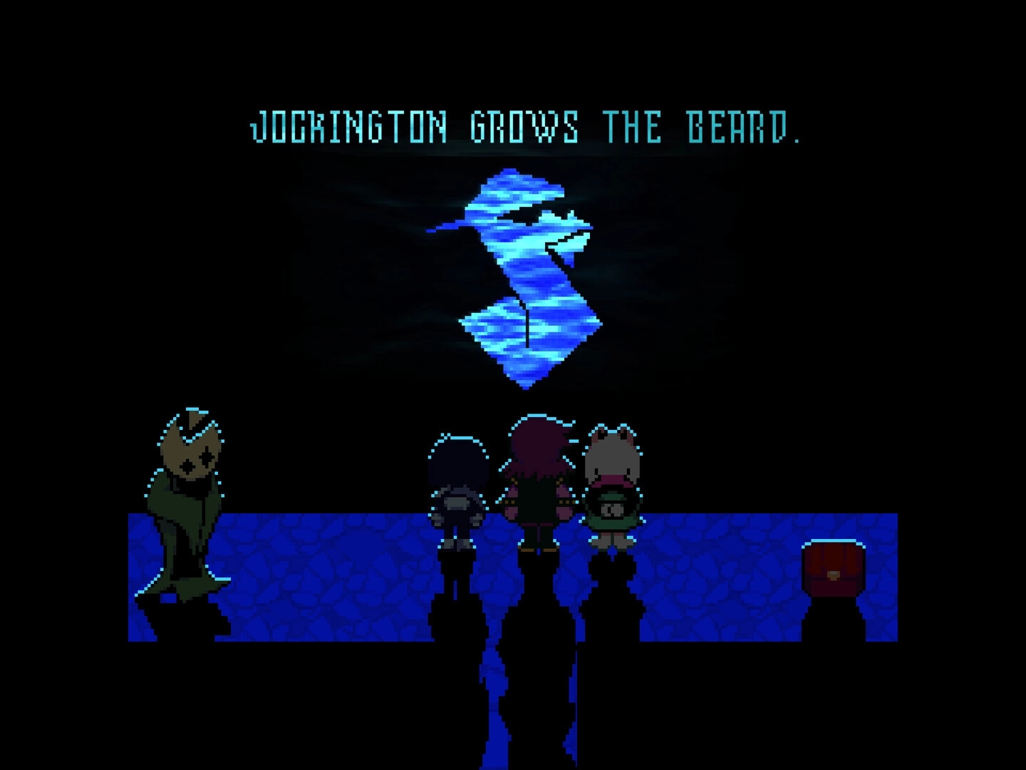 DELTARUNE: Characters stand on a blue path with a mysterious projection and text above them.