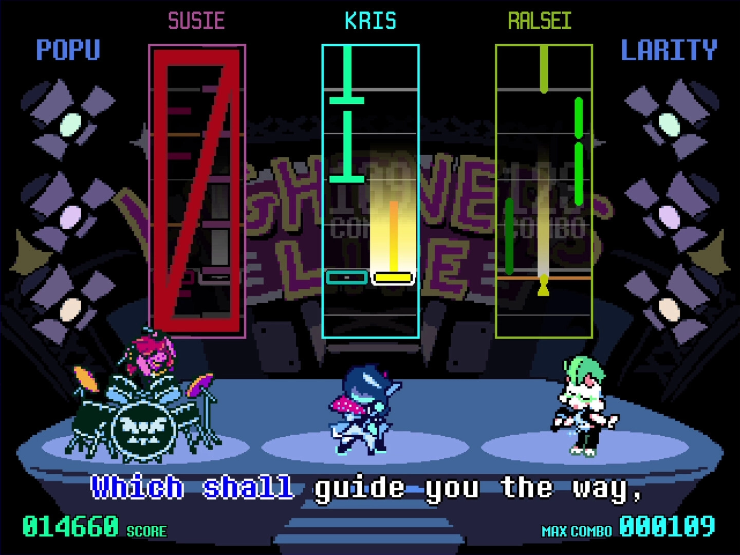 DELTARUNE: Rhythm battle with Susie, Kris, and Ralsei on stage displaying score and combo.