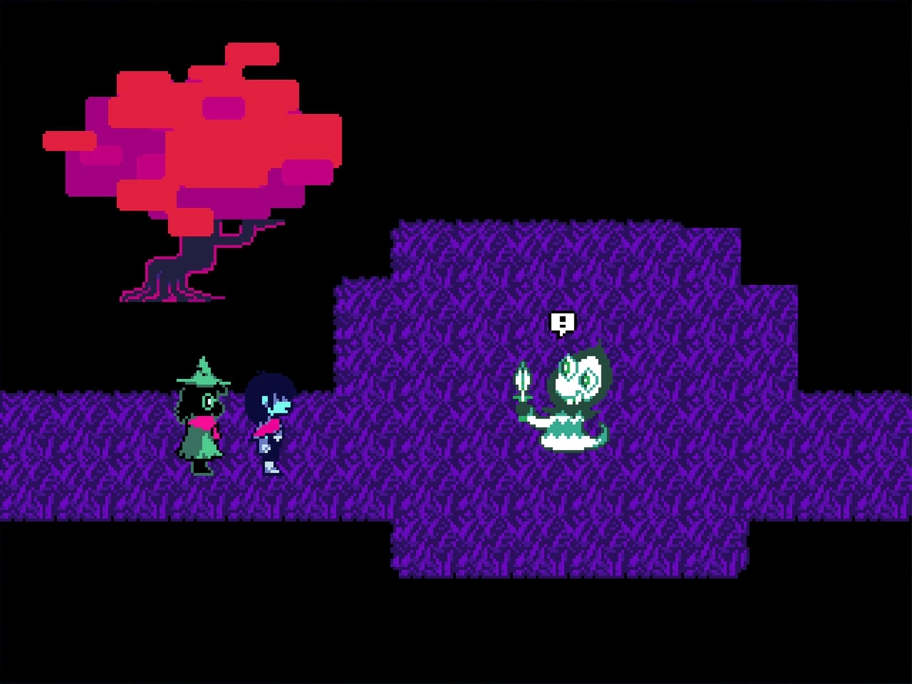 DELTARUNE: Kris and Ralsei encounter a glowing enemy while exploring a dark, pixelated landscape.