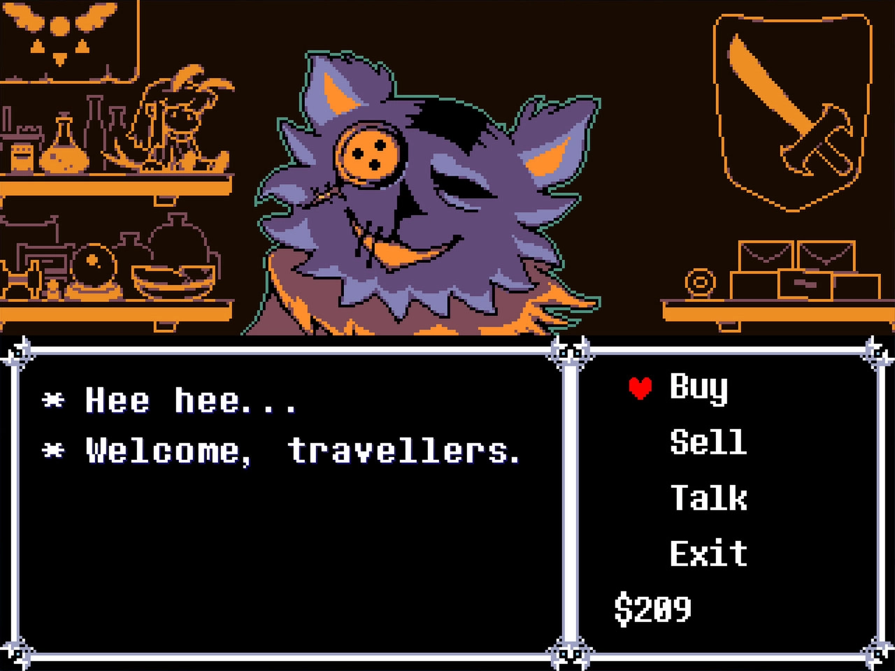 DELTARUNE: Shopkeeper with button eye welcomes players in a dimly lit shop with buy, sell options
