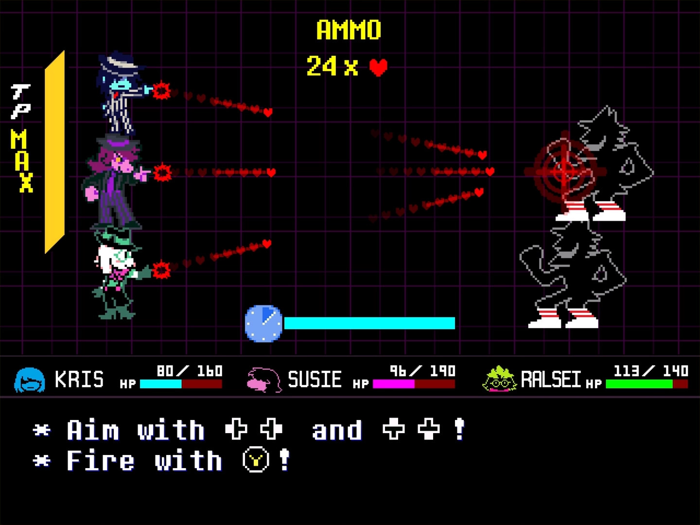 DELTARUNE: Combat with Kris, Susie, and Ralsei aiming heart-shaped projectiles at enemies on grid.