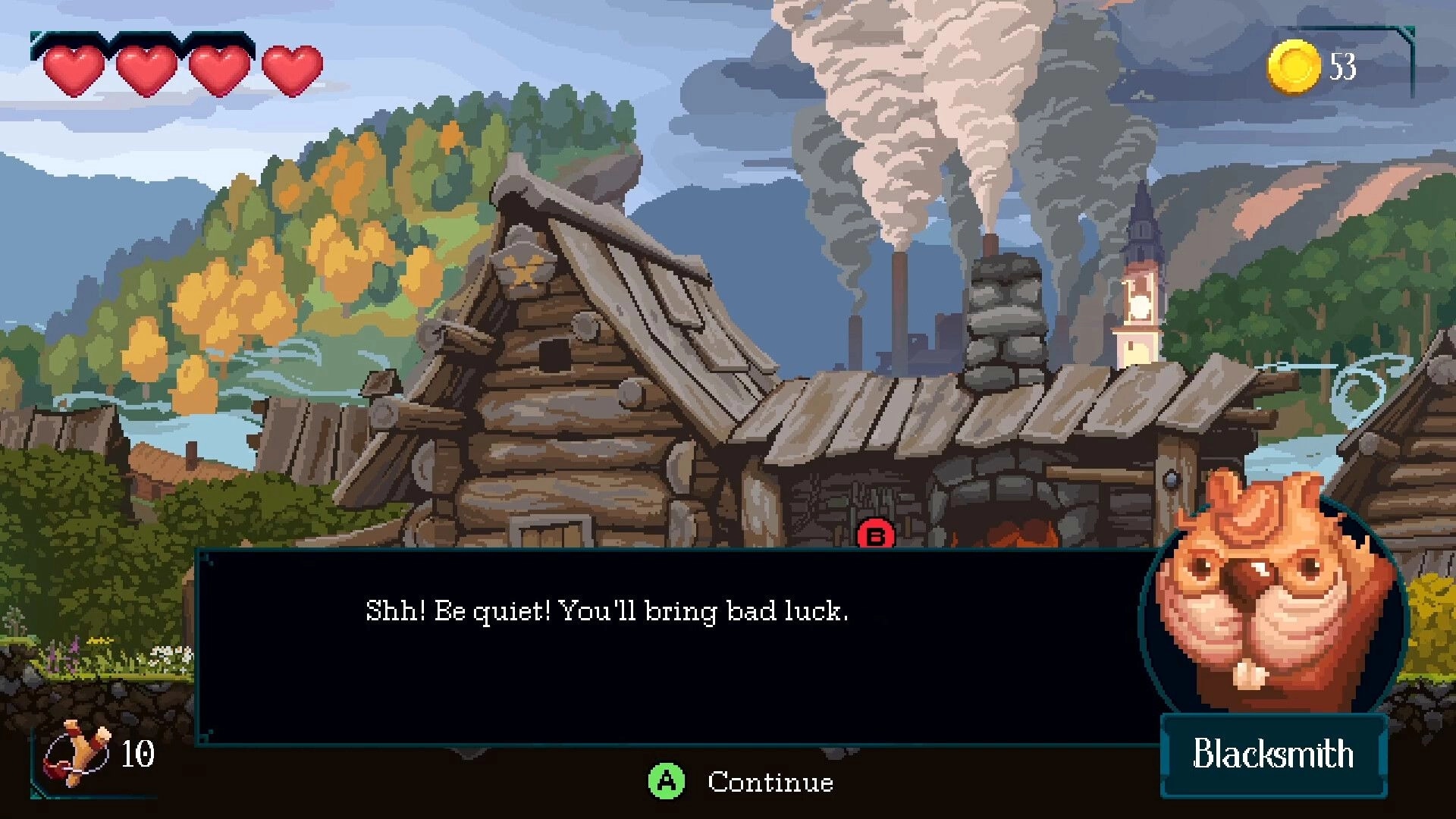 Demidoff Corp: Blacksmith dialogue box with owl portrait, village forge rooftops and smoke stacks backdrop.