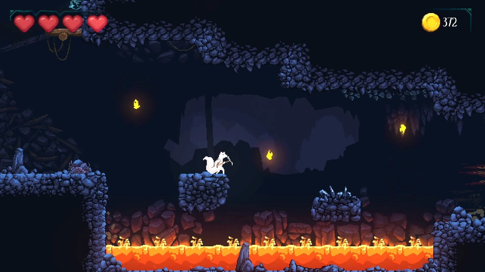 Demidoff Corp: White squirrel hero platforming over lava in a dark cave, hearts and 372 coins HUD.