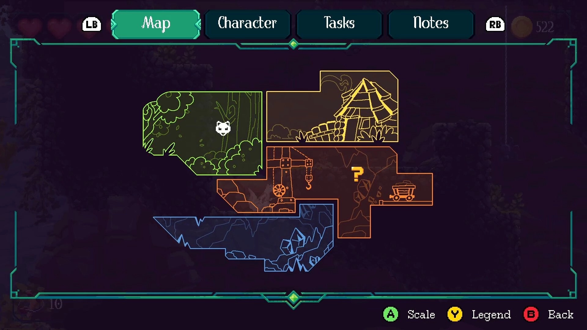 Demidoff Corp: Map screen with color-coded rooms, icons, and tabs over a dark cavern backdrop.