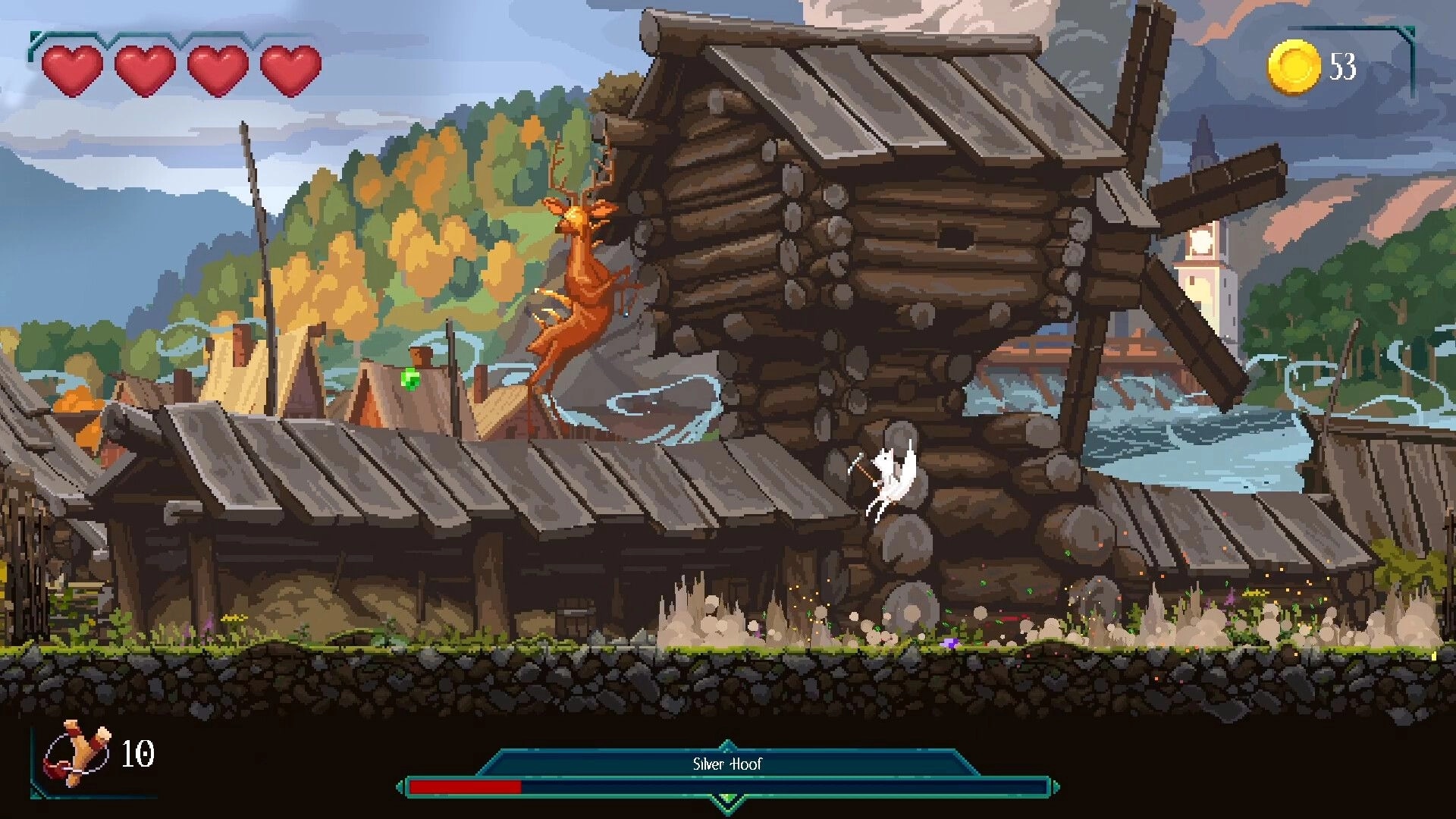 Demidoff Corp: Boss fight with Silver Hoof by a wooden windmill over river, hearts and coins UI.