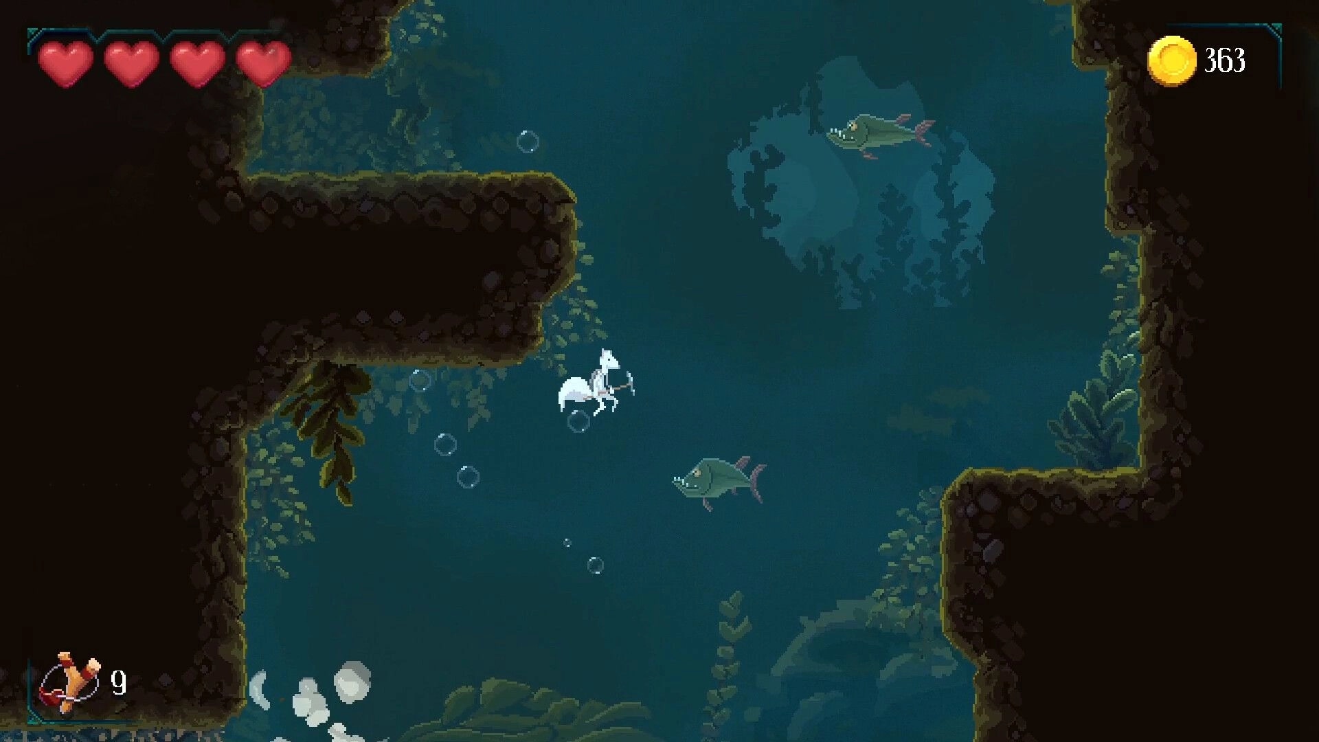 Demidoff Corp: Diver character swims in a flooded cave past fish enemies, hearts and coin UI visible.