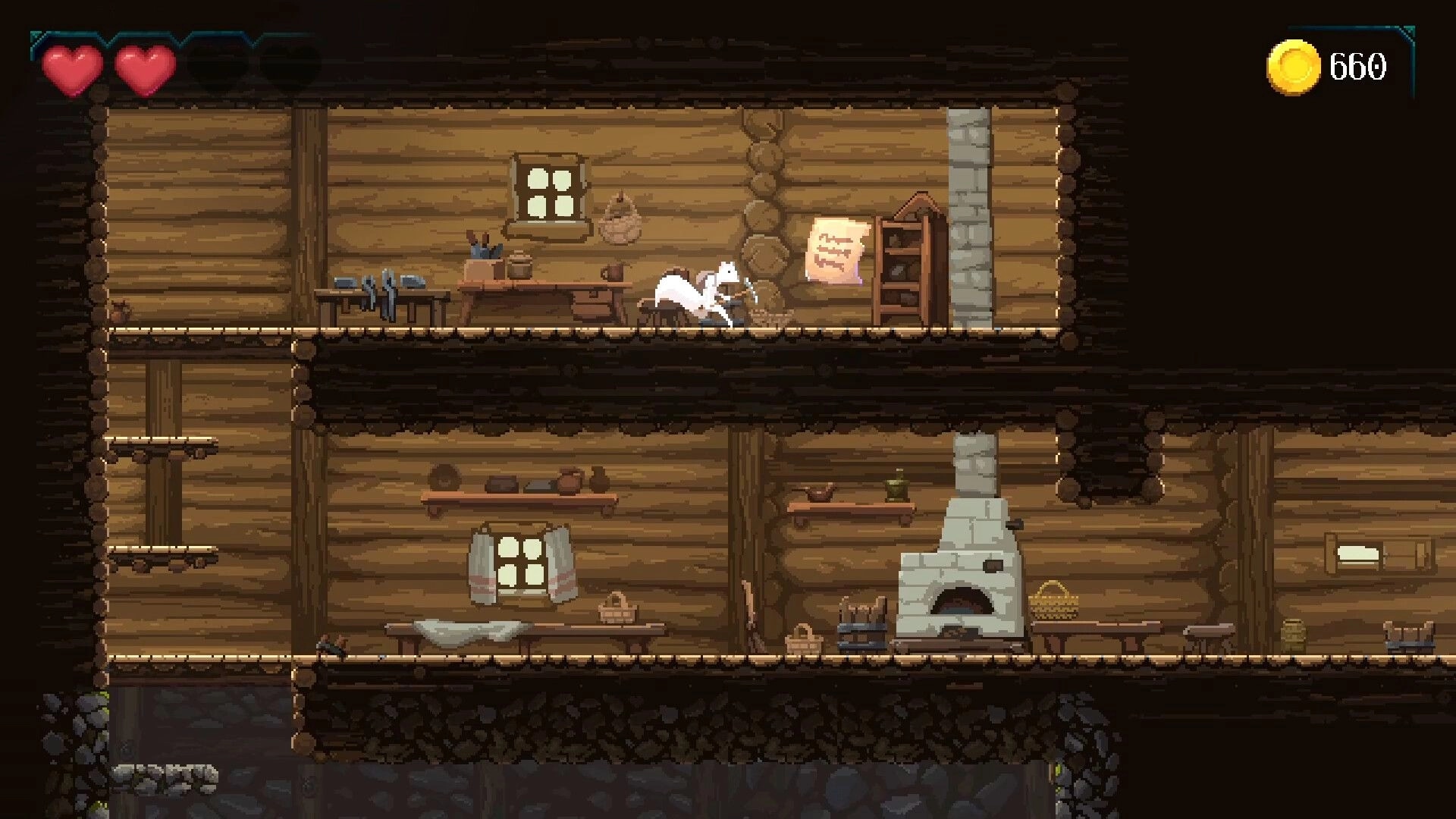 Demidoff Corp: White-haired hero runs through a log cabin interior, hearts and 660 coins UI displayed.