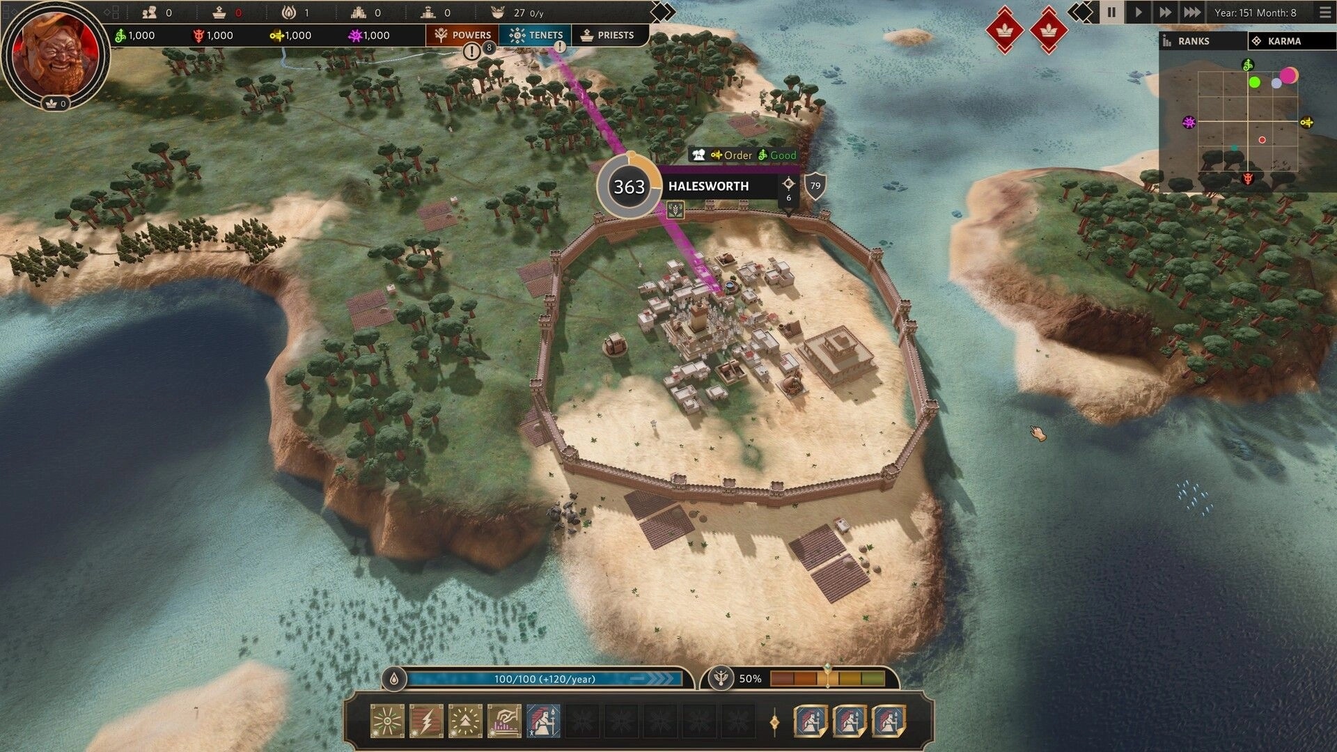 Demiurgos: Aerial view of Halesworth showing a walled settlement, resource stats, and divine powers UI