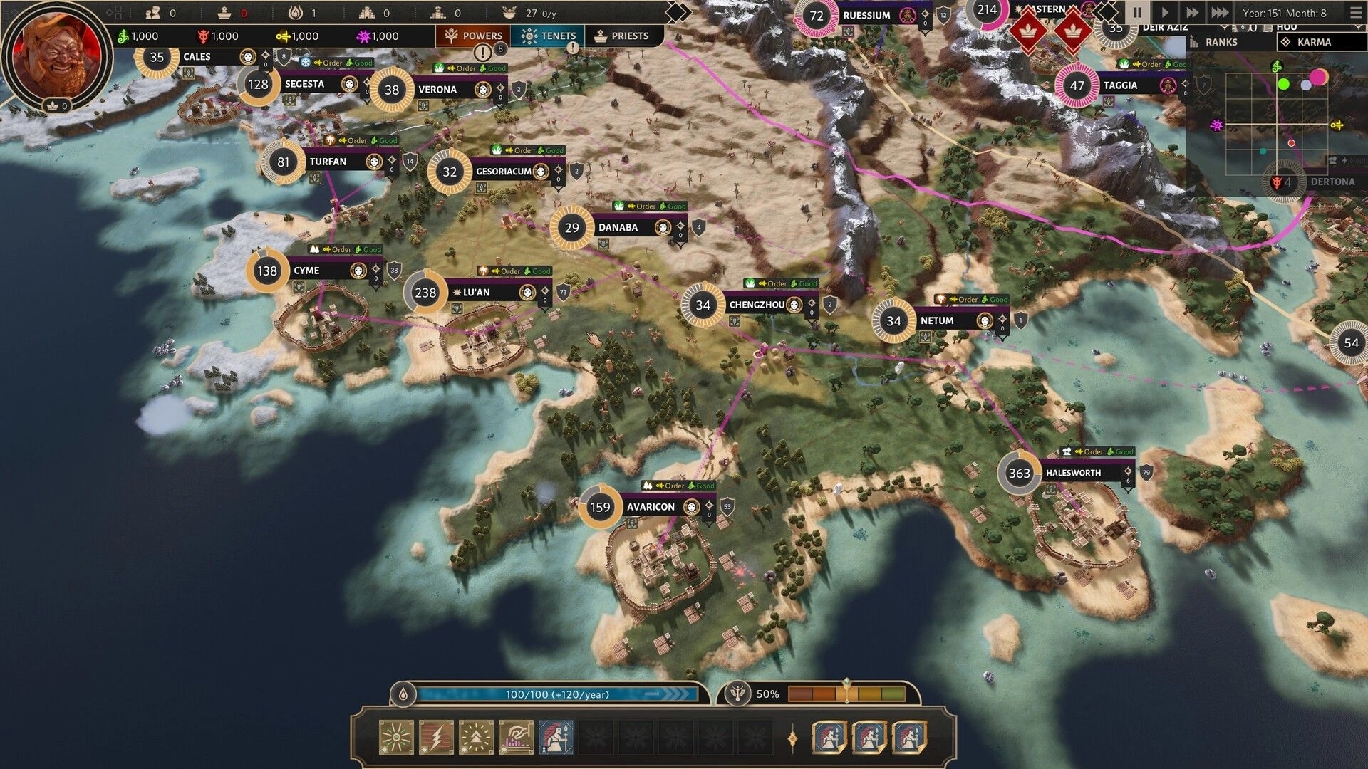 Demiurgos: Strategic map view displaying cities, resources, and divine influences over varied terrains.