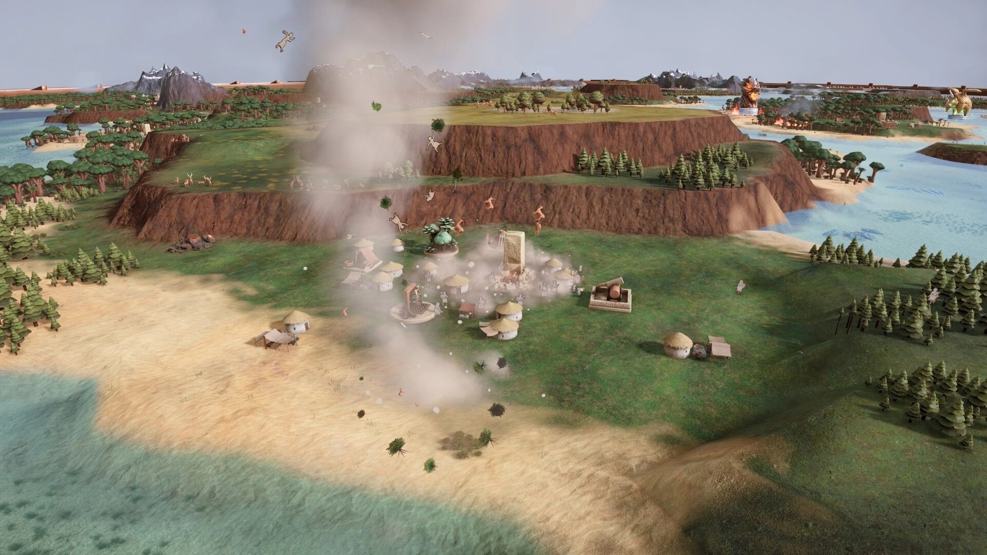 Demiurgos: Tornado ravages village on grassy coastline with huts and scattered trees