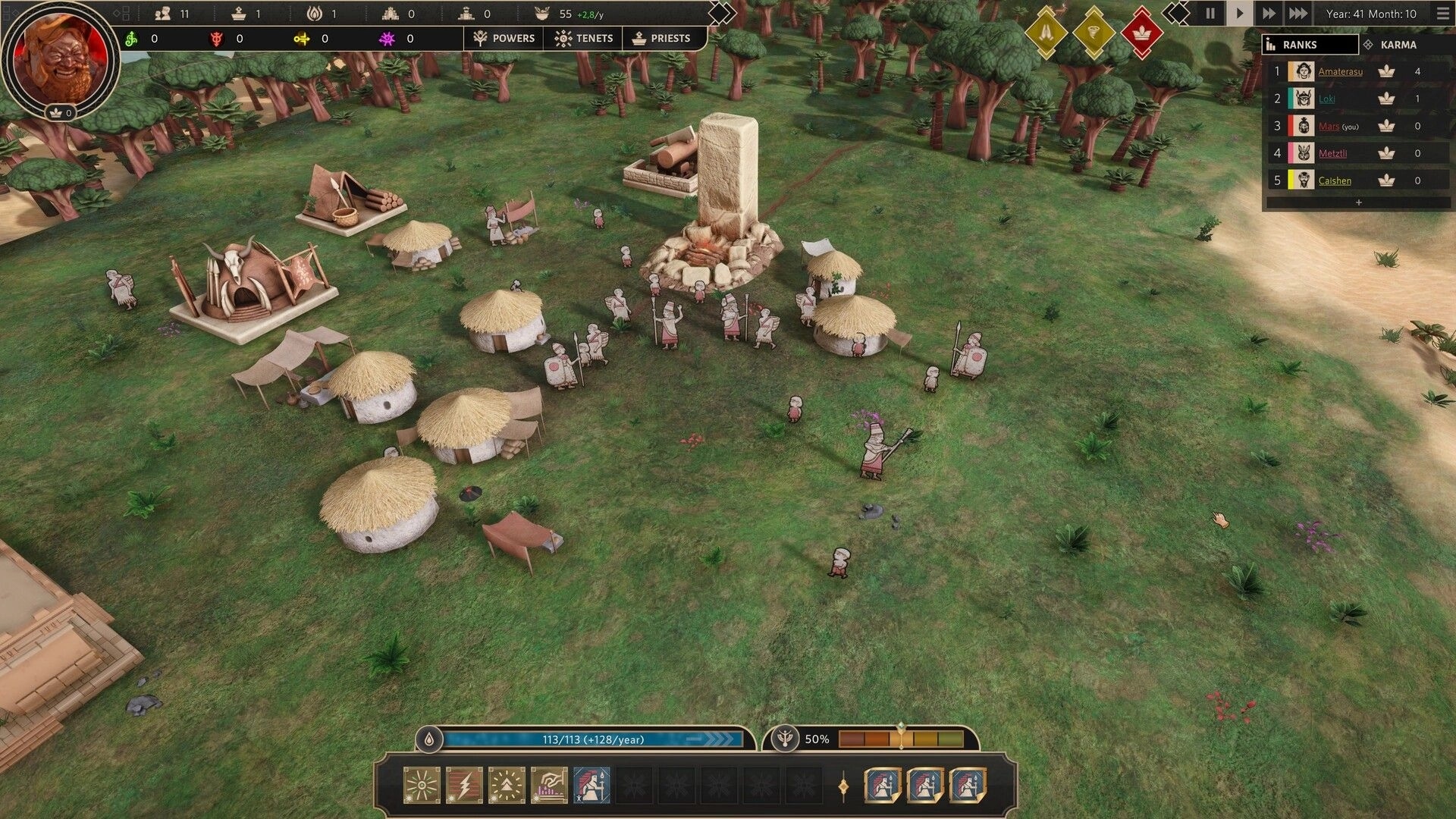 Demiurgos: Village overview with huts and villagers near a monolith, forest backdrop visible