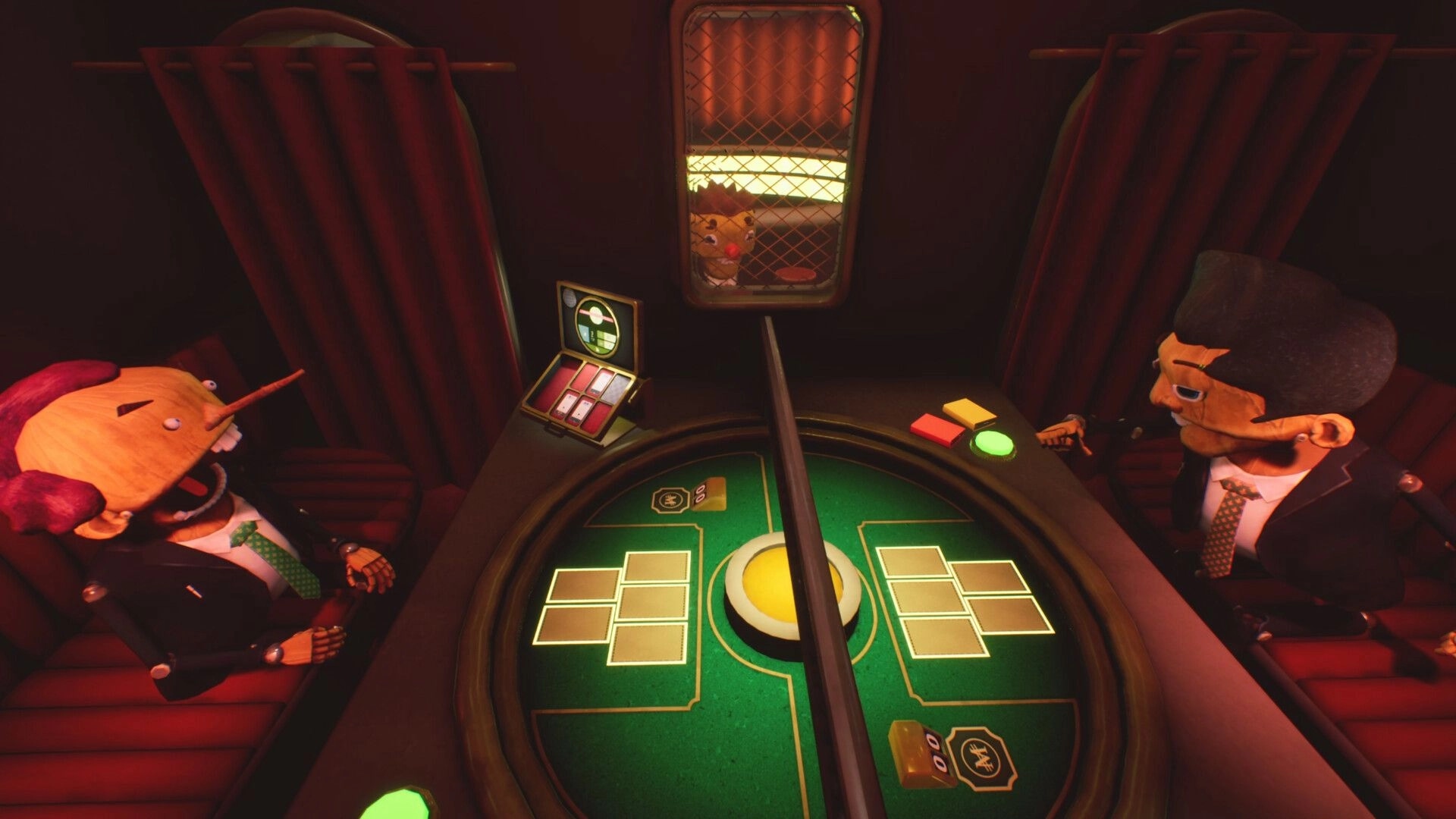 Democracy Manifest: Two suited cartoon politicians at a card table in a dim train booth with buttons.