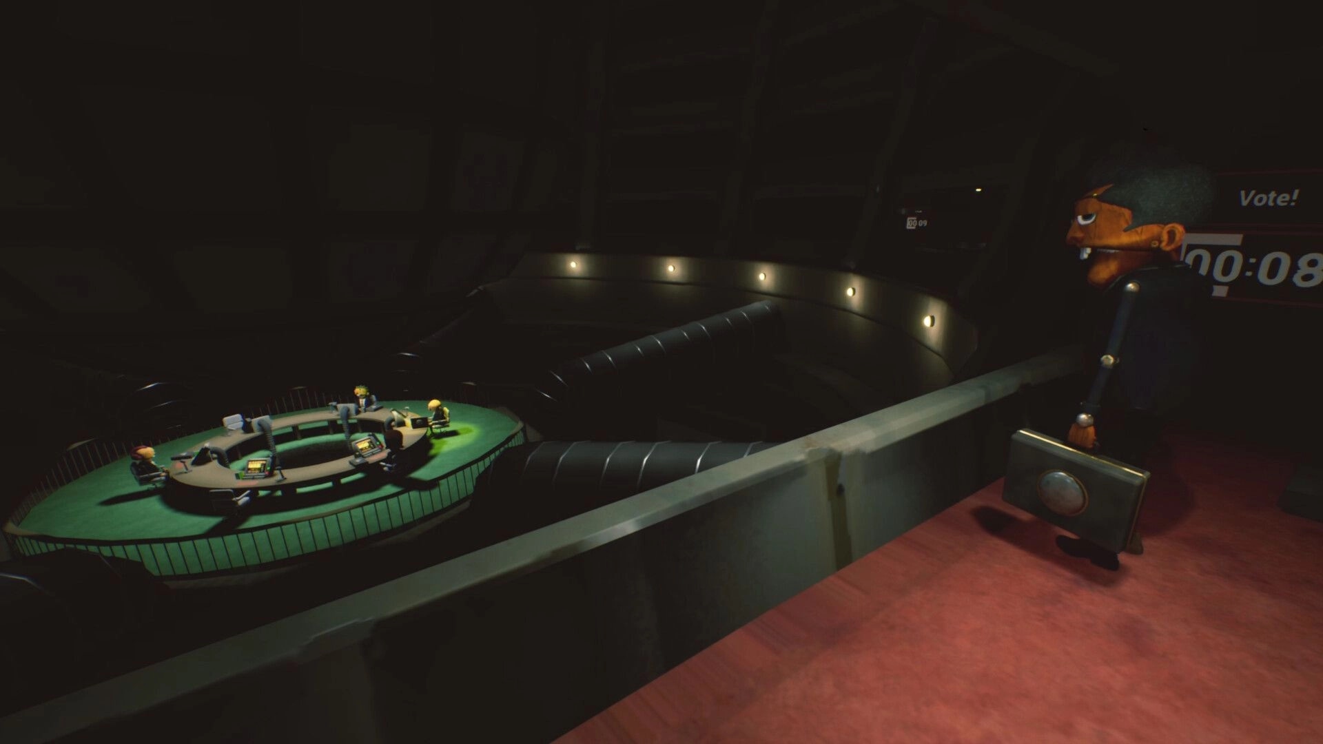 Democracy Manifest: Overhead view of council table with players debating in a dark chamber, Vote timer UI.