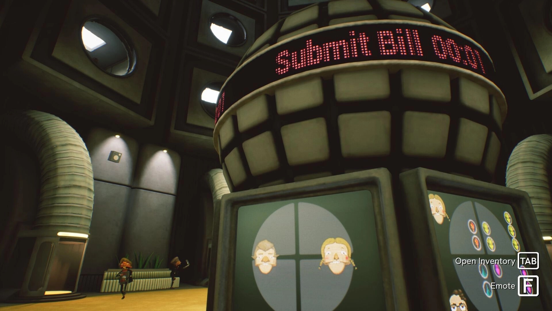 Democracy Manifest: Submit Bill 0/30 tower display in lobby with character portraits and UI prompts.