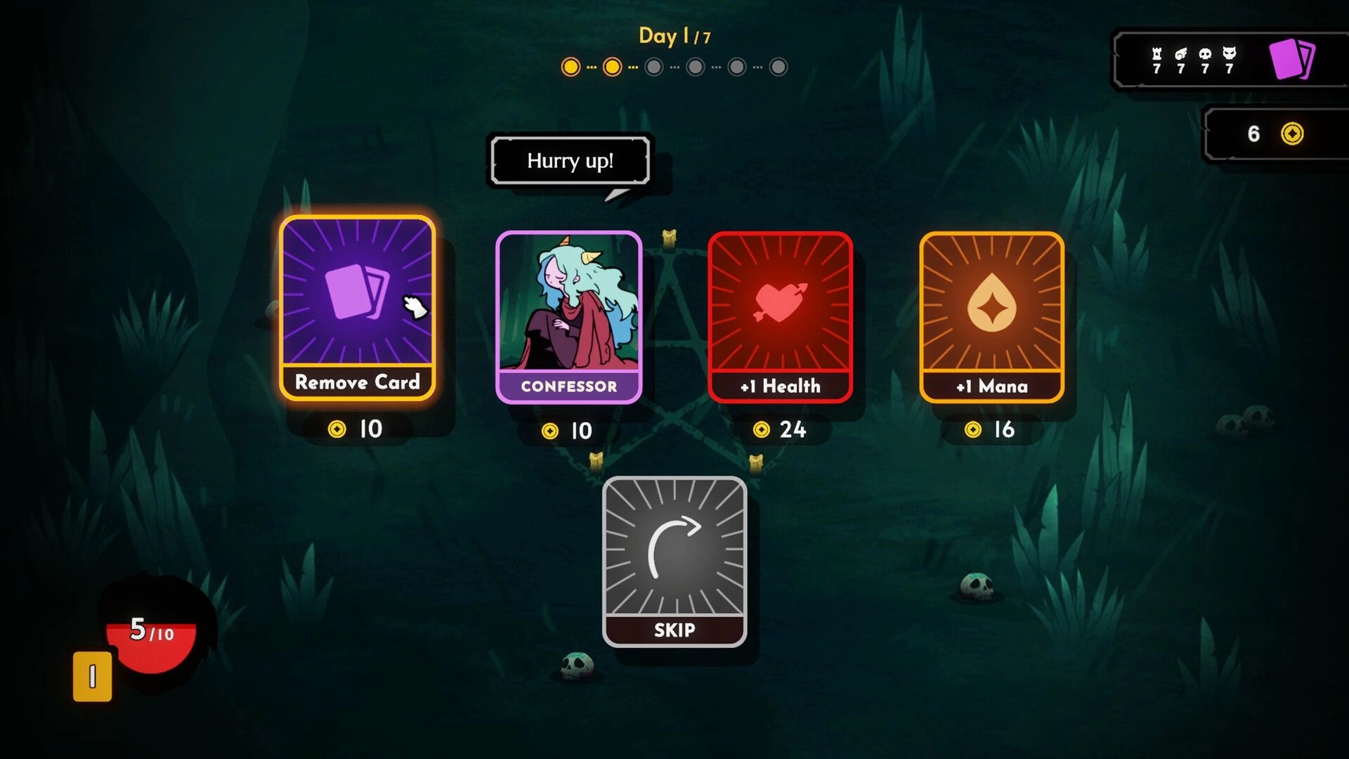 Demon Bluff: Card selection screen with options for Remove Card, Confessor, and health or mana boosts