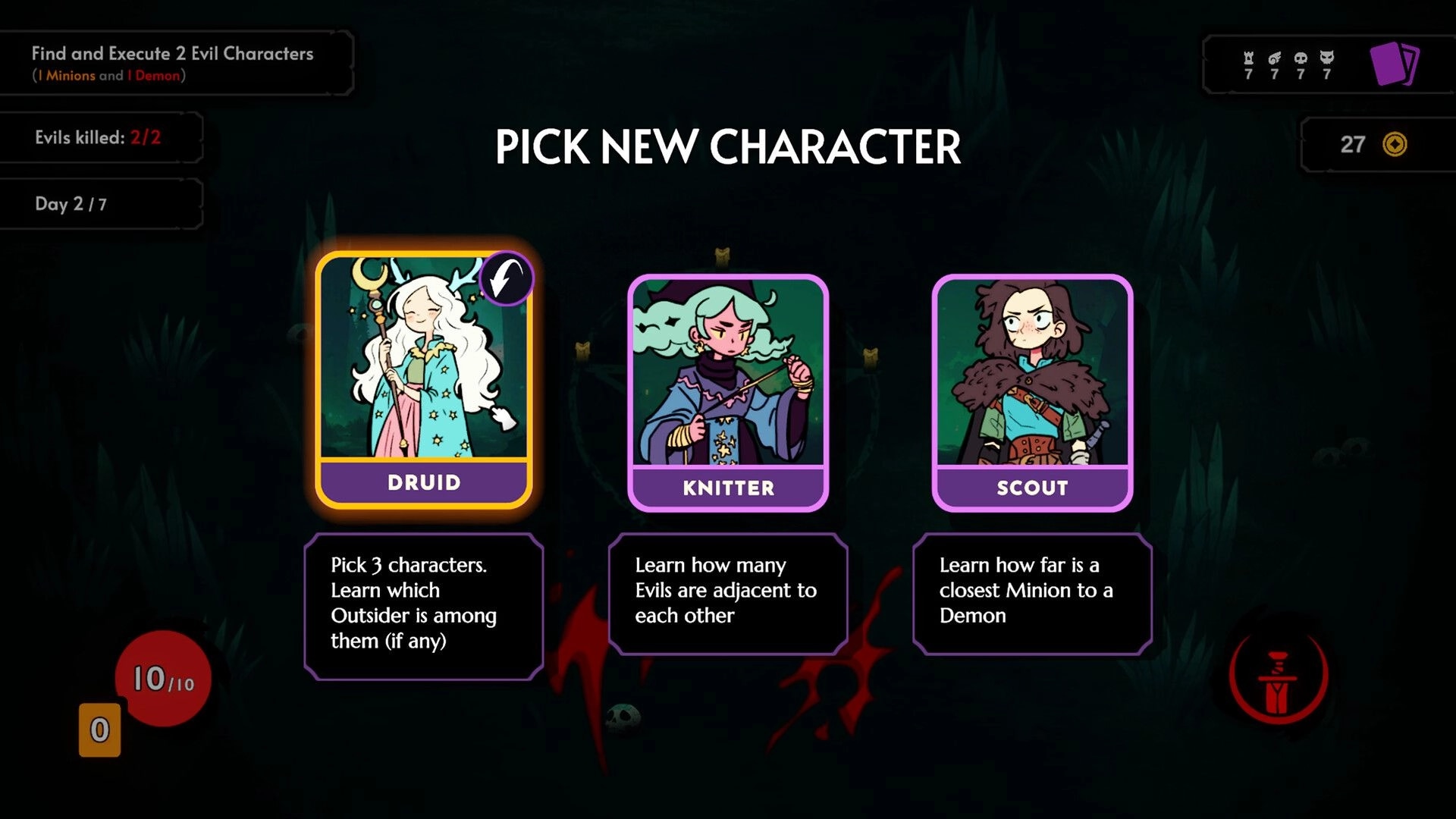 Demon Bluff: Character selection screen with Druid, Knitter, and Scout options for the village ritual.