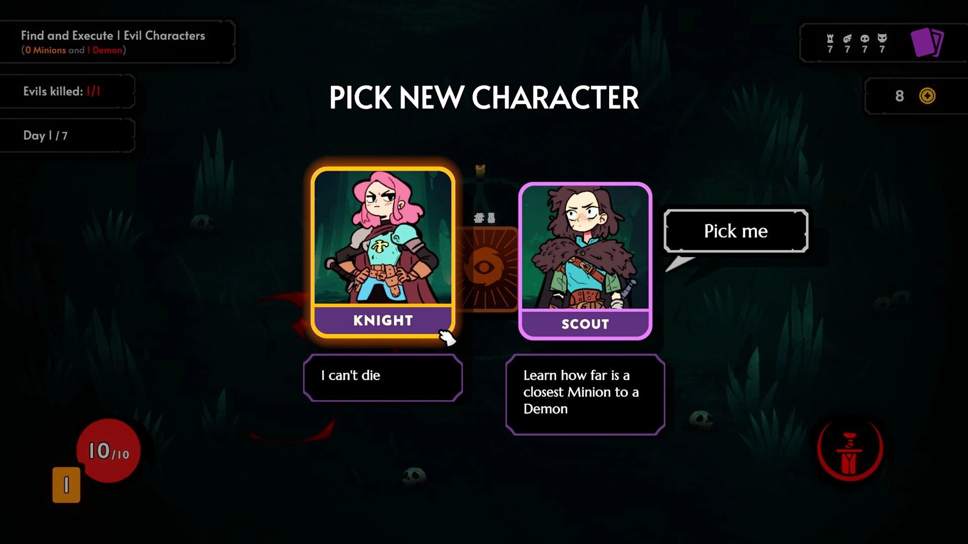 Demon Bluff: Character selection screen with Knight and Scout options in a dark forest setting