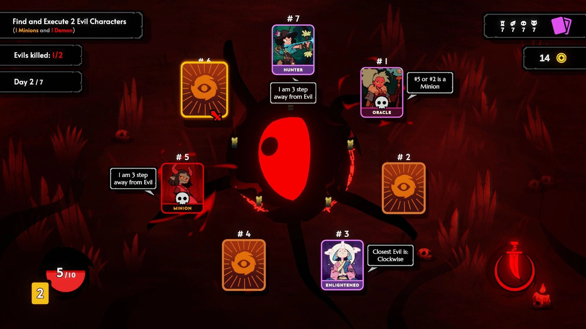 Demon Bluff: Ritual scene with character cards, dialogue hints, and a central glowing red eye in darkness.