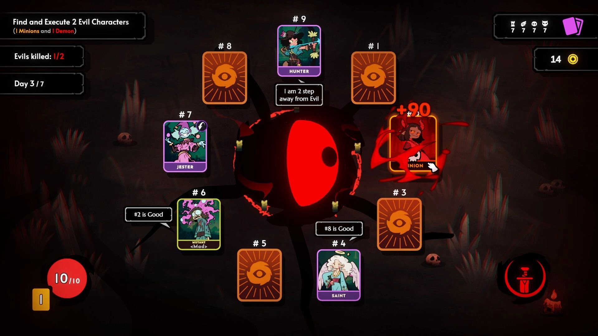 Demon Bluff: Central eye with character cards and dialogue in dark village setting