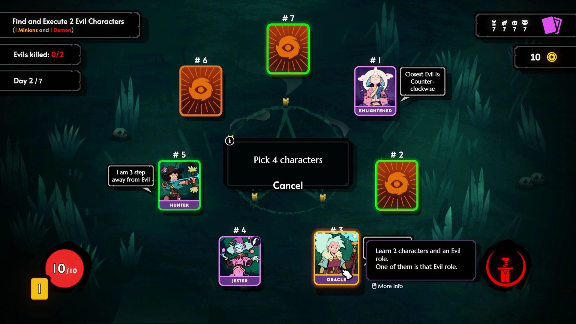 Demon Bluff: Character selection screen with cards, Hunter and Oracle, in a nighttime forest setting.