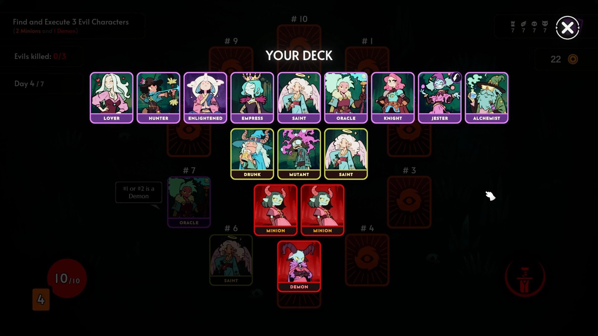 Demon Bluff: Card selection screen displaying various character roles with demons and minions highlighted.