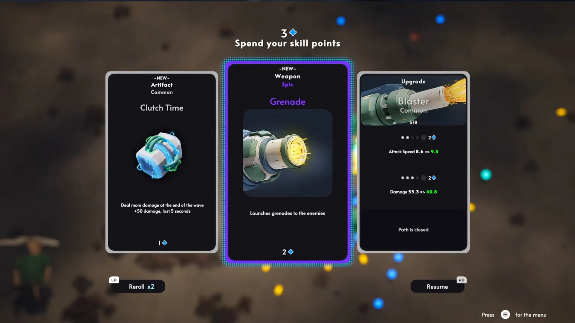 Demon Hunt: Skill upgrade menu with choices for new artifact, epic grenade weapon, and blaster upgrade