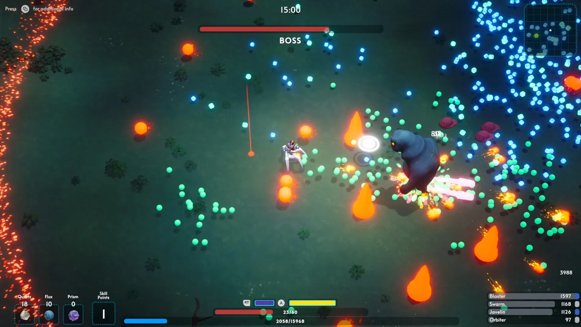 Demon Hunt: Player battles boss in fiery forest with glowing projectiles and health bars visible