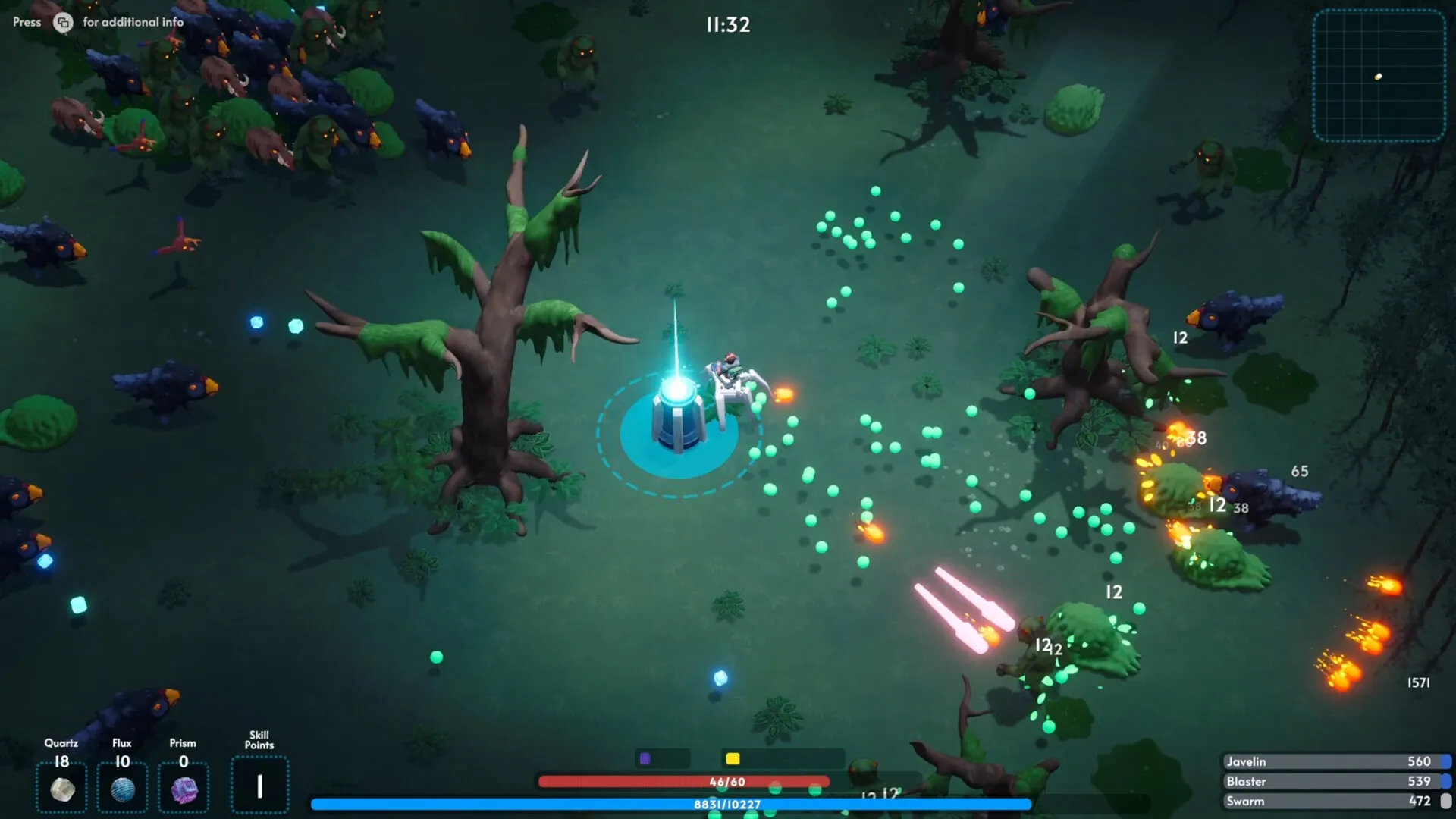 Demon Hunt: Player battles demon horde near glowing artifact in forest, managing resources and skills.