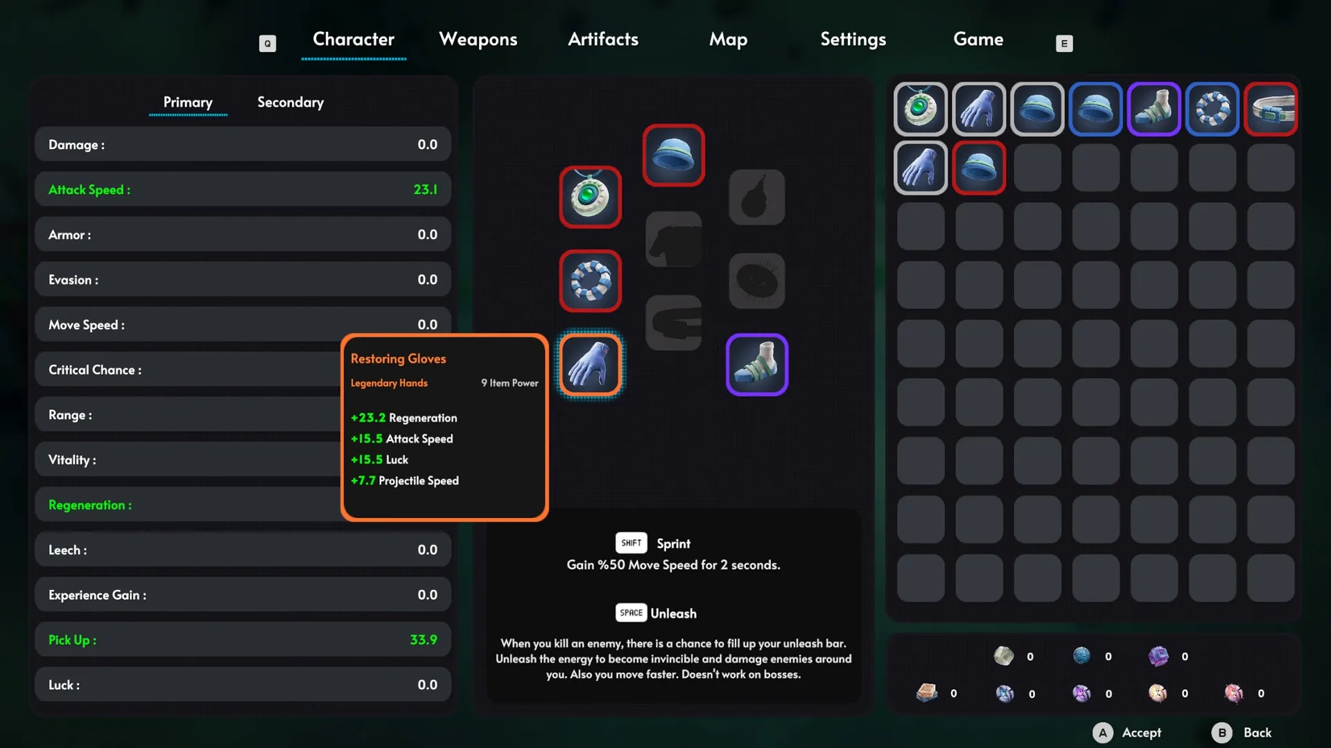 Demon Hunt: Character inventory and stats screen featuring Restoring Gloves and various equipped items.