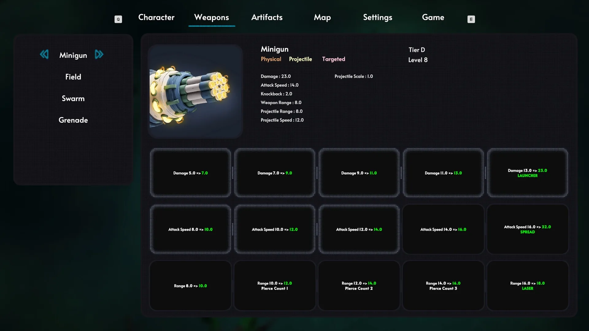 Demon Hunt: Weapon selection screen displaying minigun stats and upgrade options in dark interface.