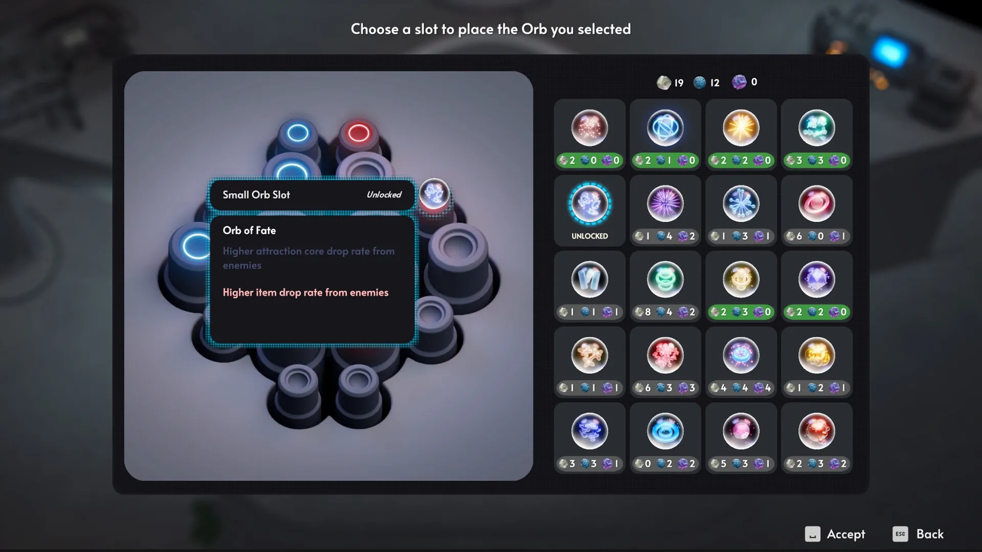 Demon Hunt: Orb selection interface with highlighted "Orb of Fate" and various orb choices available