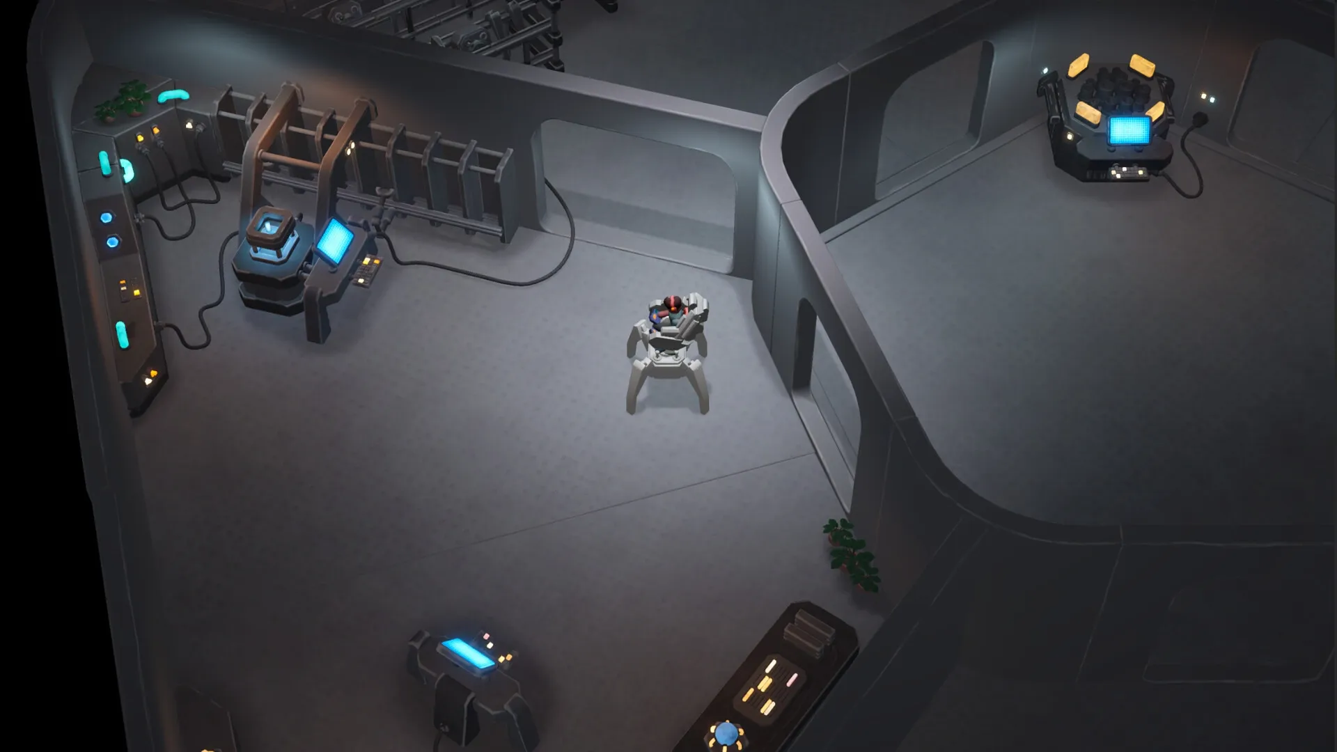 Demon Hunt: Robot exploring a futuristic lab with glowing consoles and complex machinery