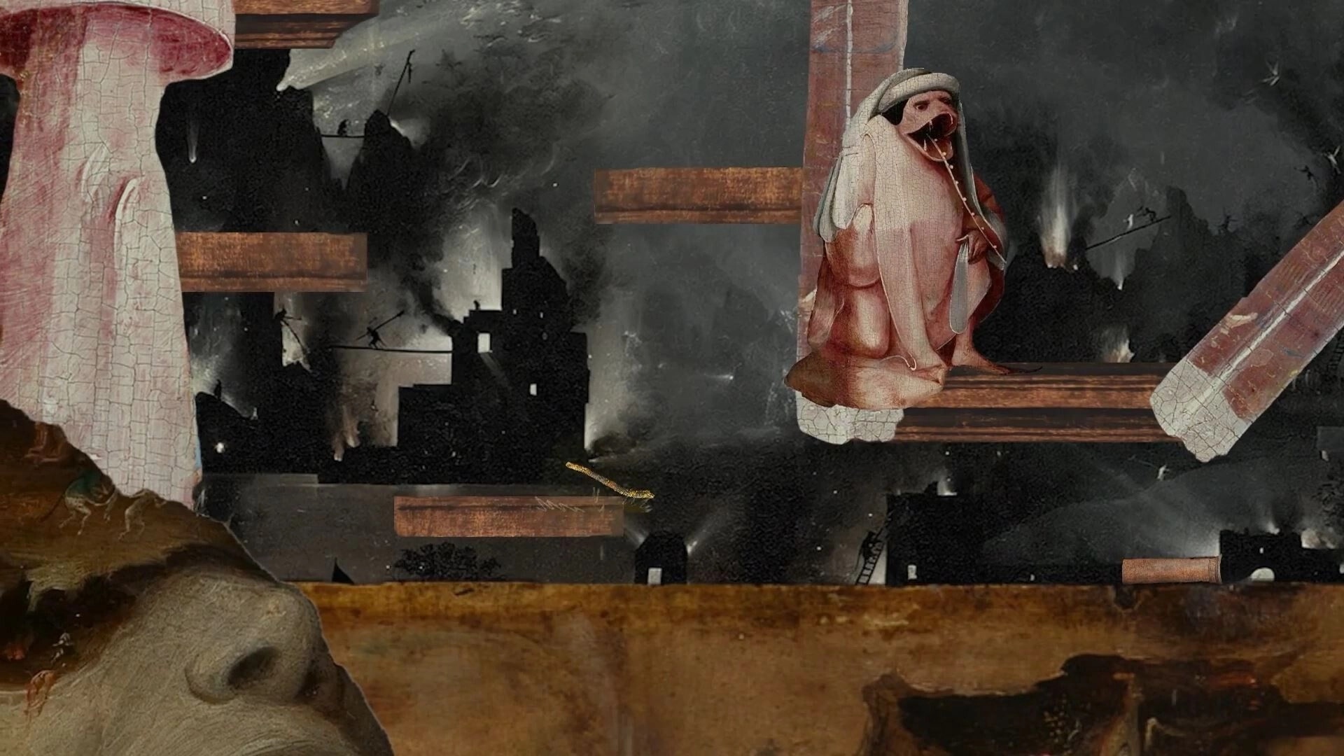 Demon Stick: A grotesque figure sitting on a wooden platform in a dark, hellish landscape with smoky skies.