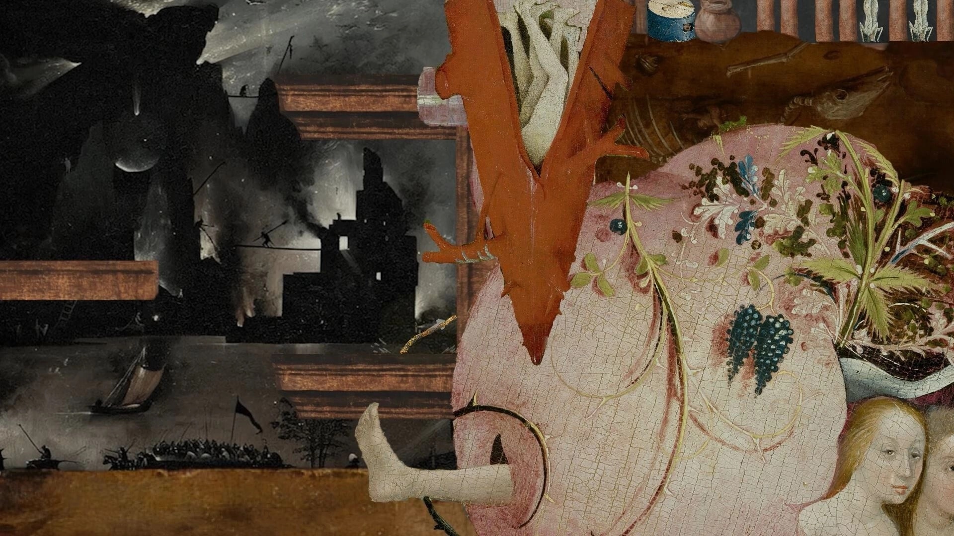 Demon Stick: Demon trapped in a stick navigates eerie landscape inspired by Hieronymus Bosch paintings.