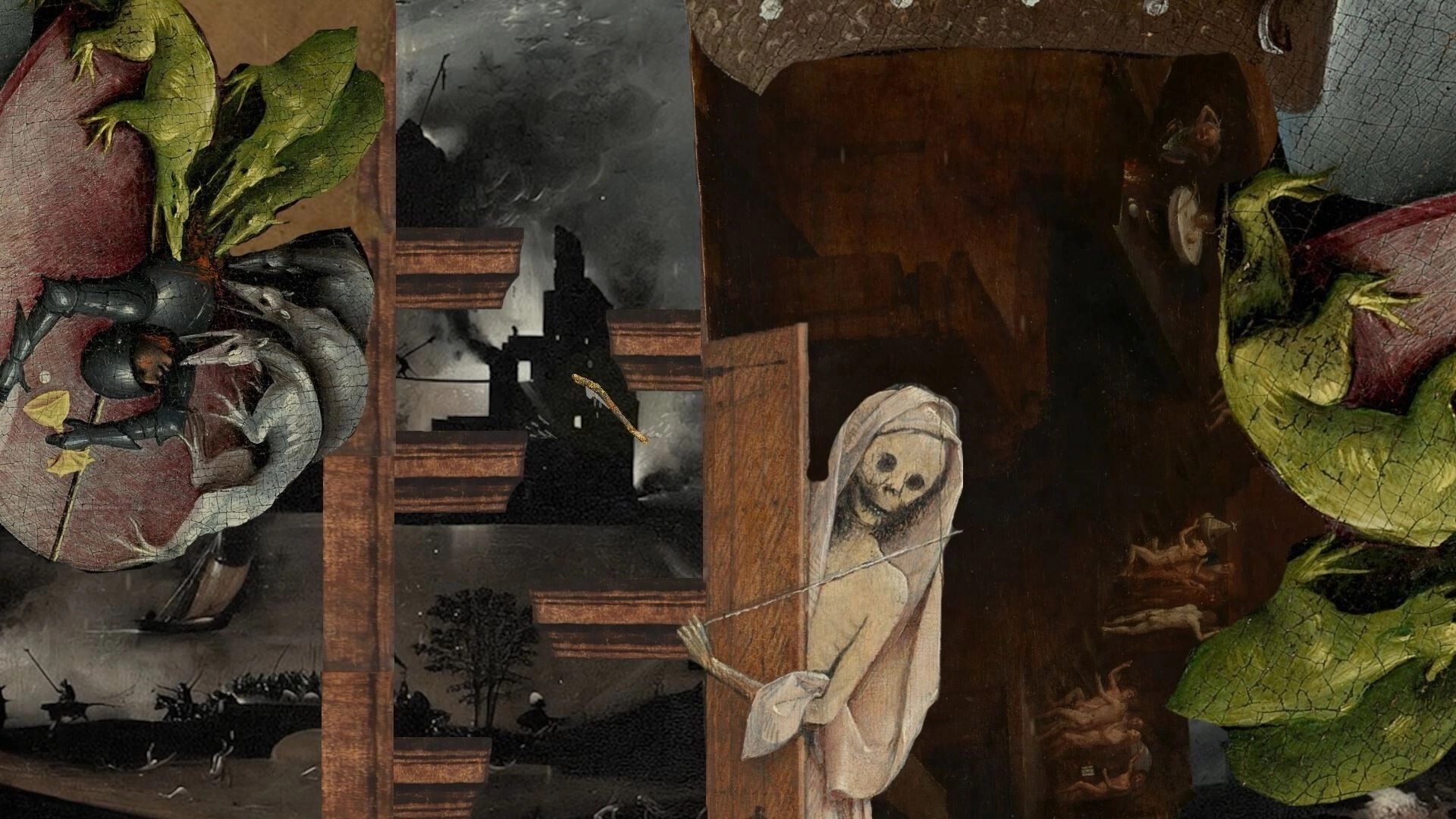 Demon Stick: Skeleton peeks from door as green creatures attack armored figure in dark, eerie landscape.