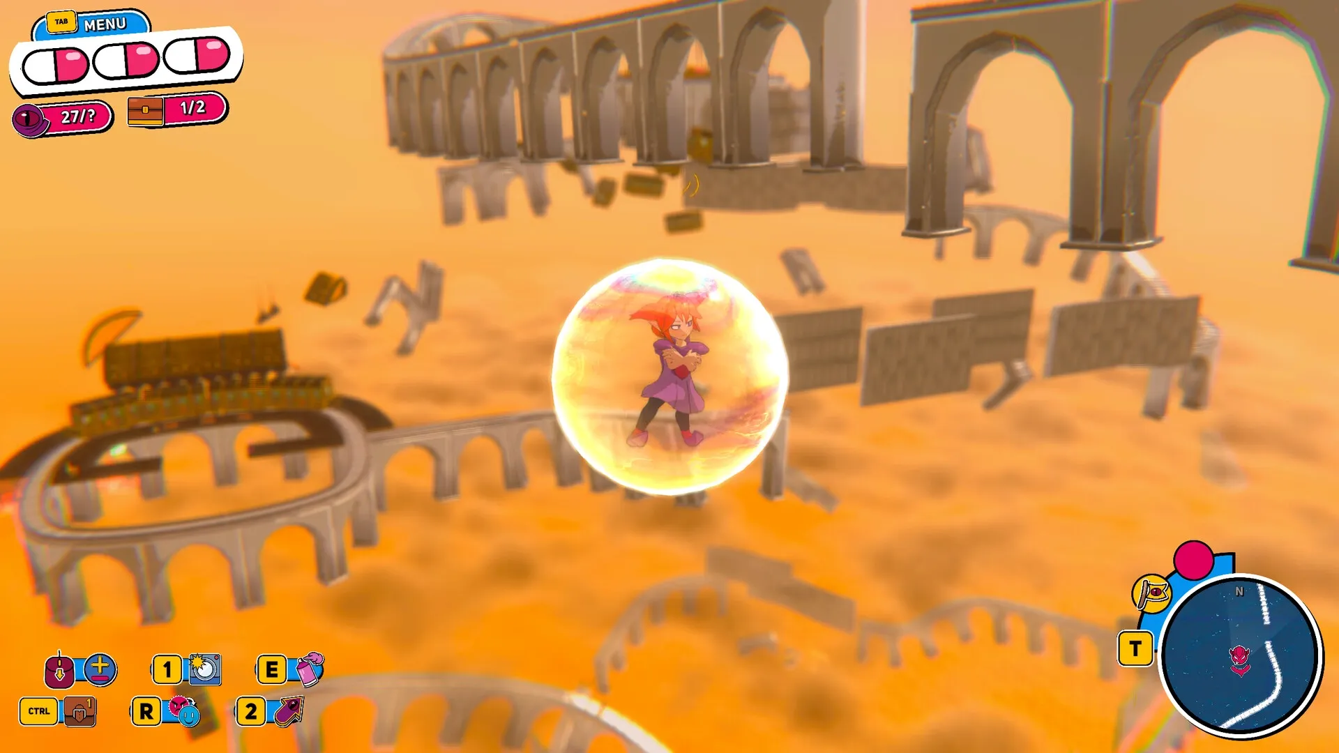 Demon Tides: Character in protective bubble navigating floating platforms in a surreal, orange-hued sky.