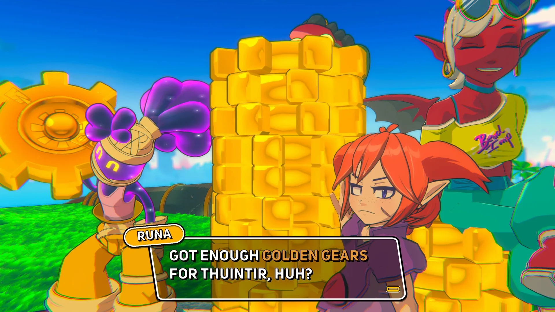 Demon Tides: Runa talks near golden gears with two characters in a vibrant grassy landscape