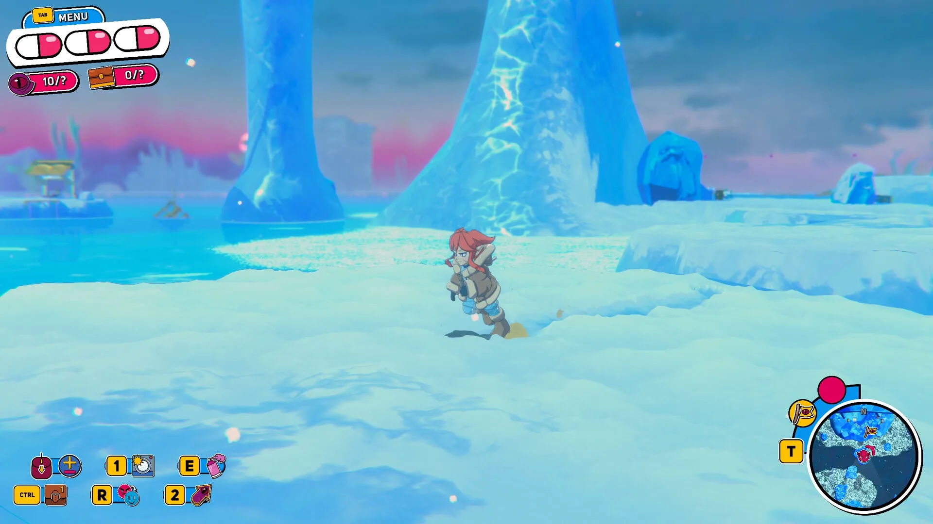 Demon Tides: Character running through icy landscape with UI elements and mini-map displayed
