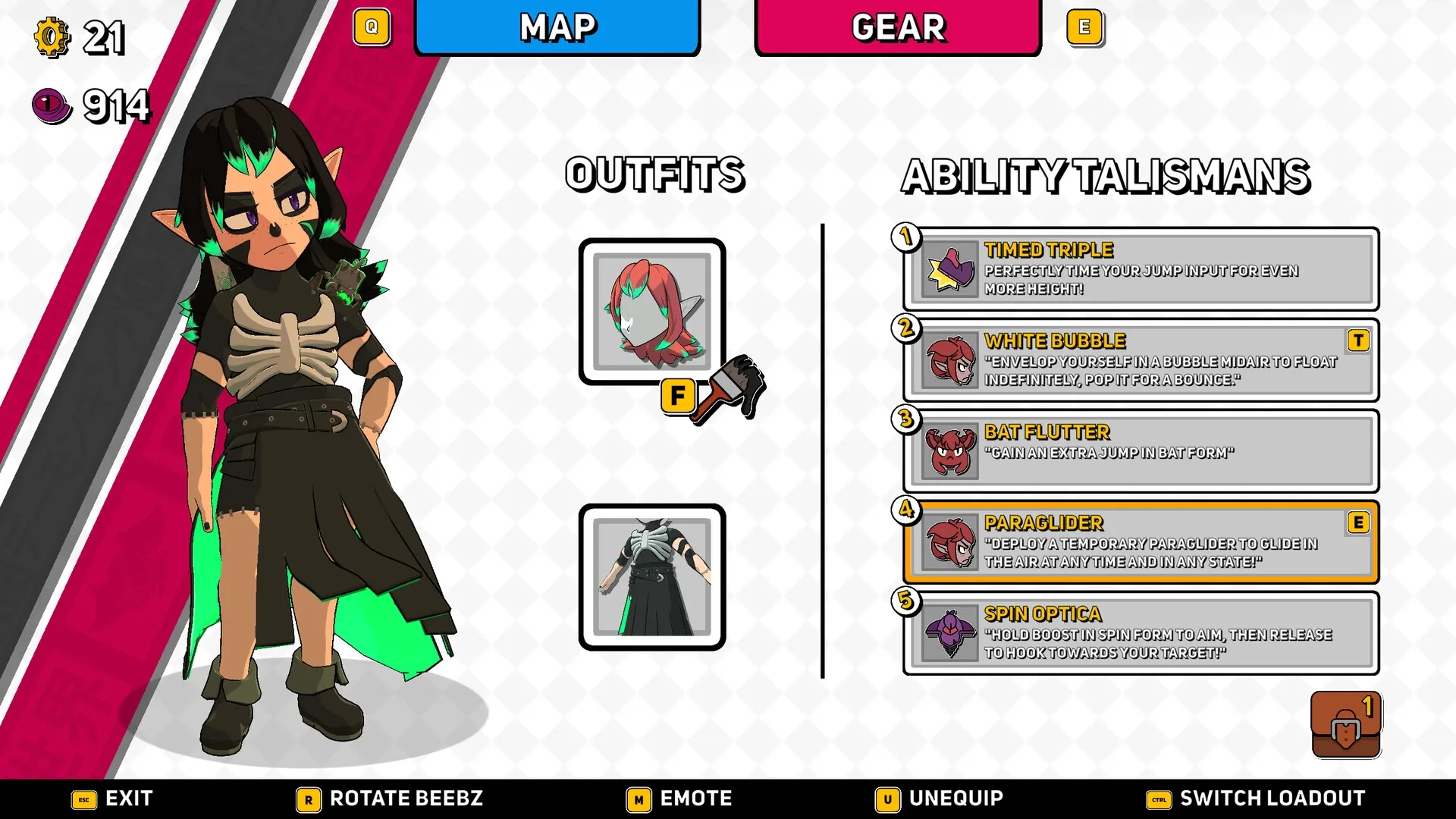 Demon Tides: Character outfit and ability talismans menu with Beebz in skeleton attire displayed
