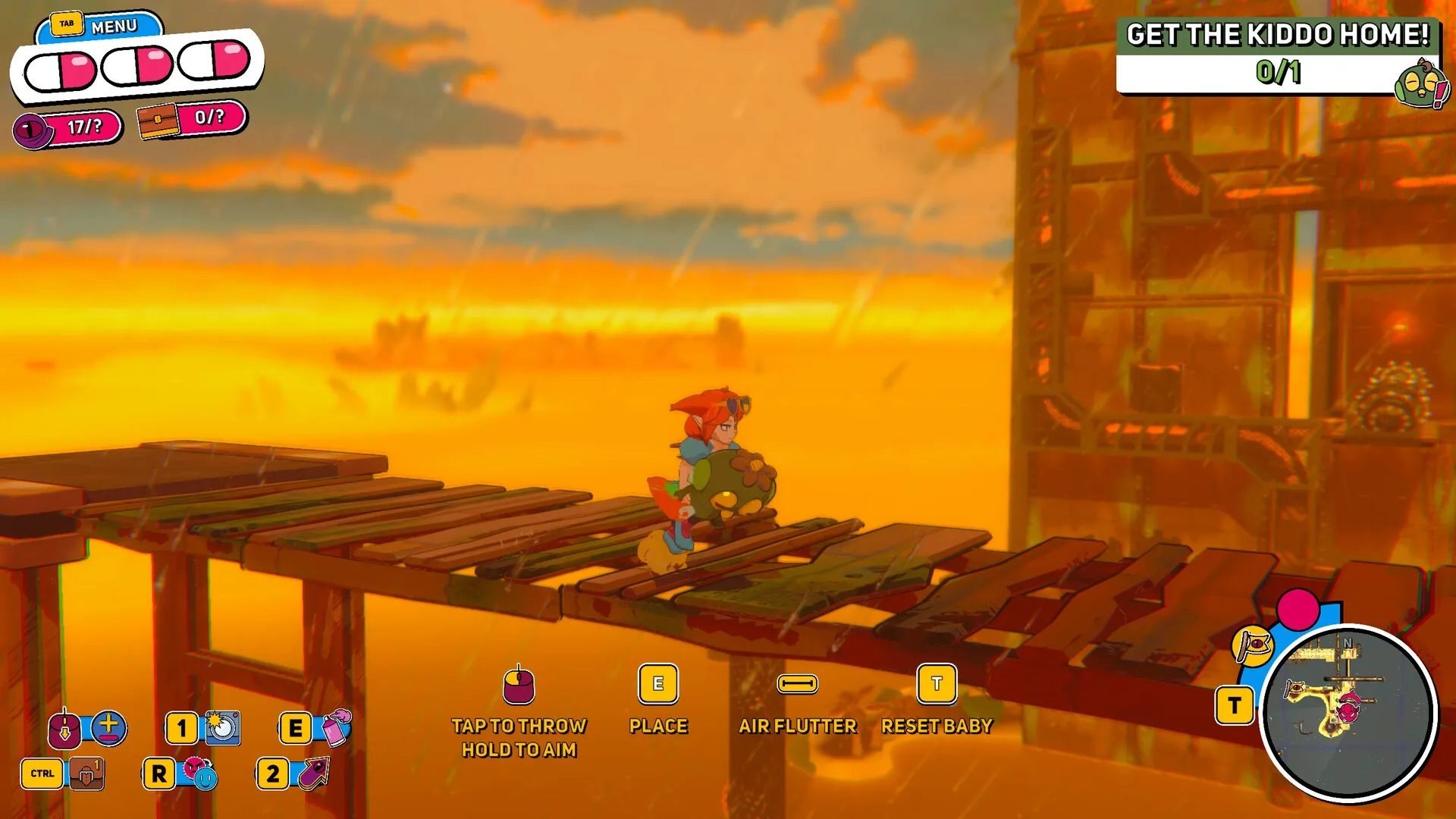 Demon Tides: Character and creature crossing wooden platforms at sunset, with quest "Get the Kiddo Home!"