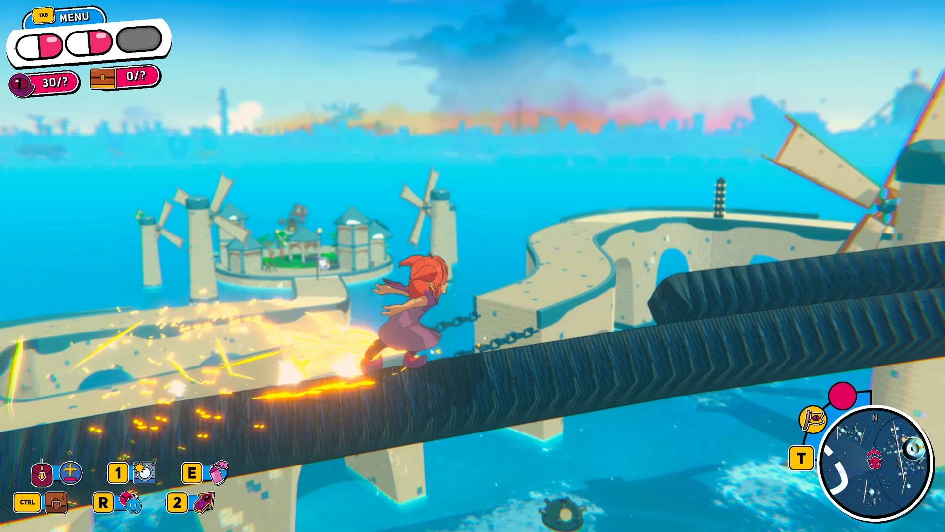 Demon Tides: Character sliding down a metal beam with windmills and ocean in the background