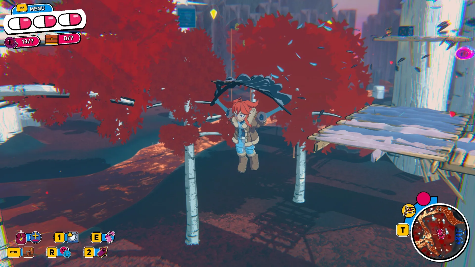 Demon Tides: Character gliding over vibrant red forest with inventory and health UI displayed