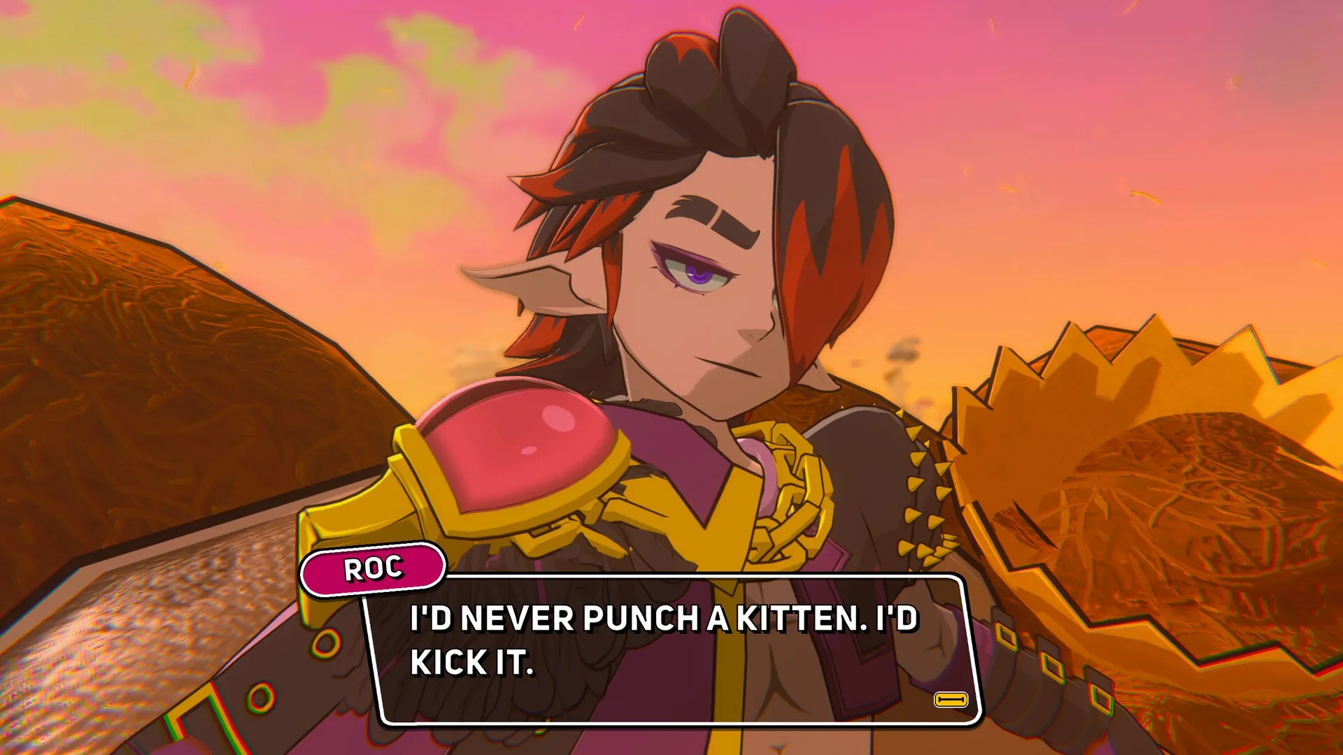 Demon Tides: Character Roc with dialogue in a colorful, animated landscape at sunset
