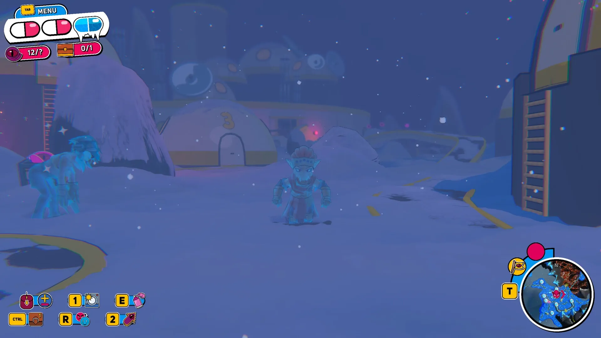 Demon Tides: Player explores snowy village with visible health bar and map in the bottom right corner.