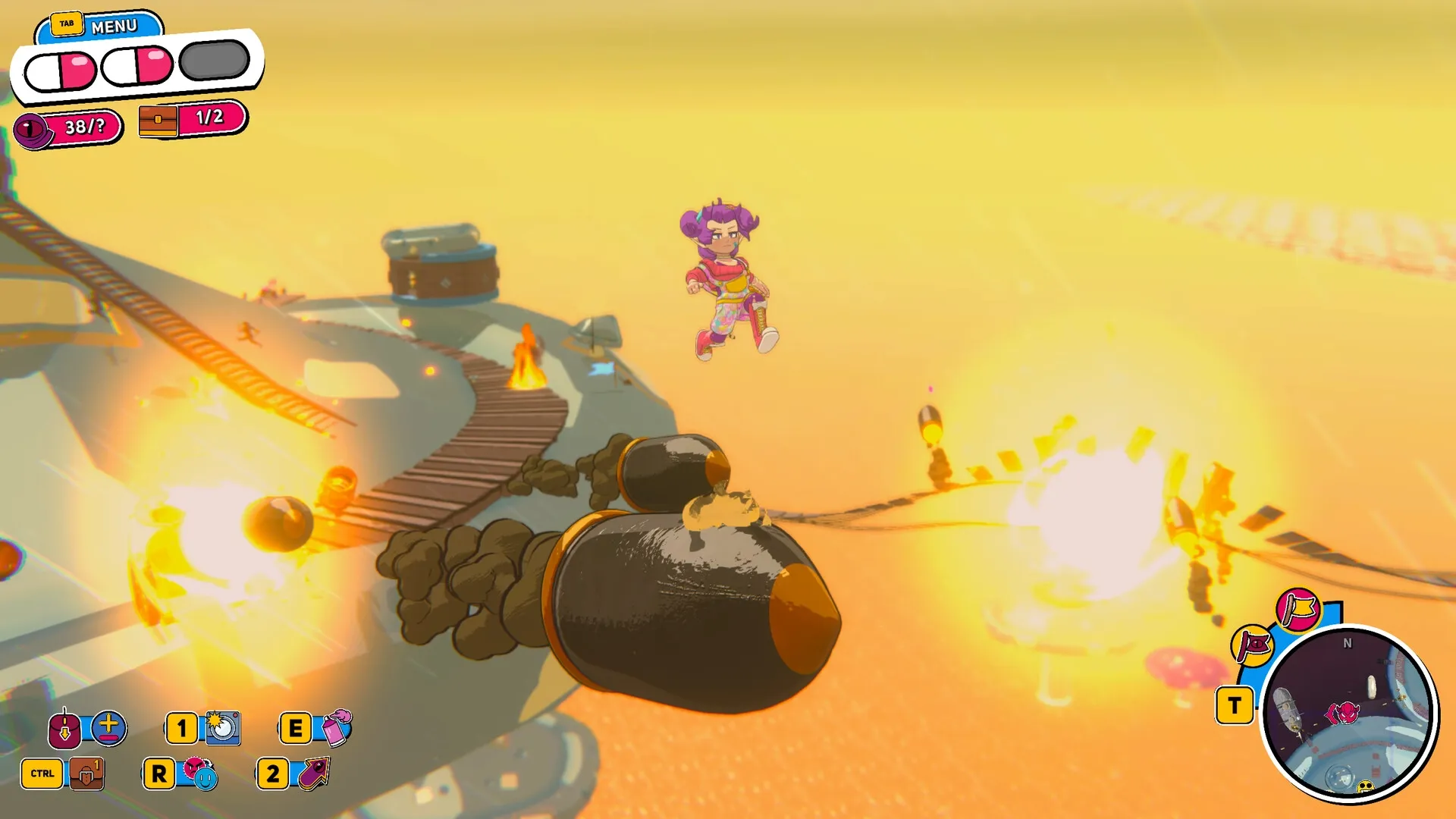 Demon Tides: Player character jumps over exploding cannonballs on a fiery sky platform with UI visible