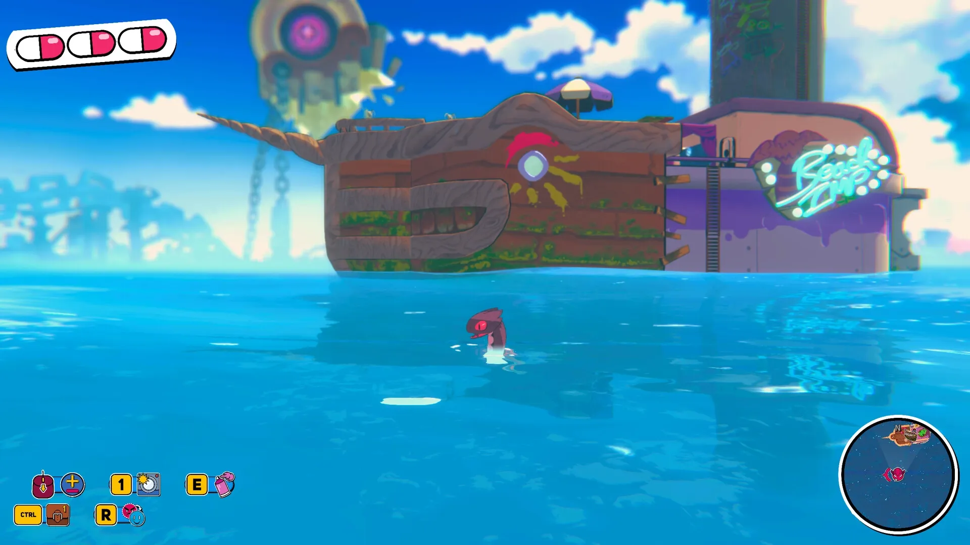 Demon Tides: Player character swimming towards a large ship with neon sign, HUD displays health and keys.