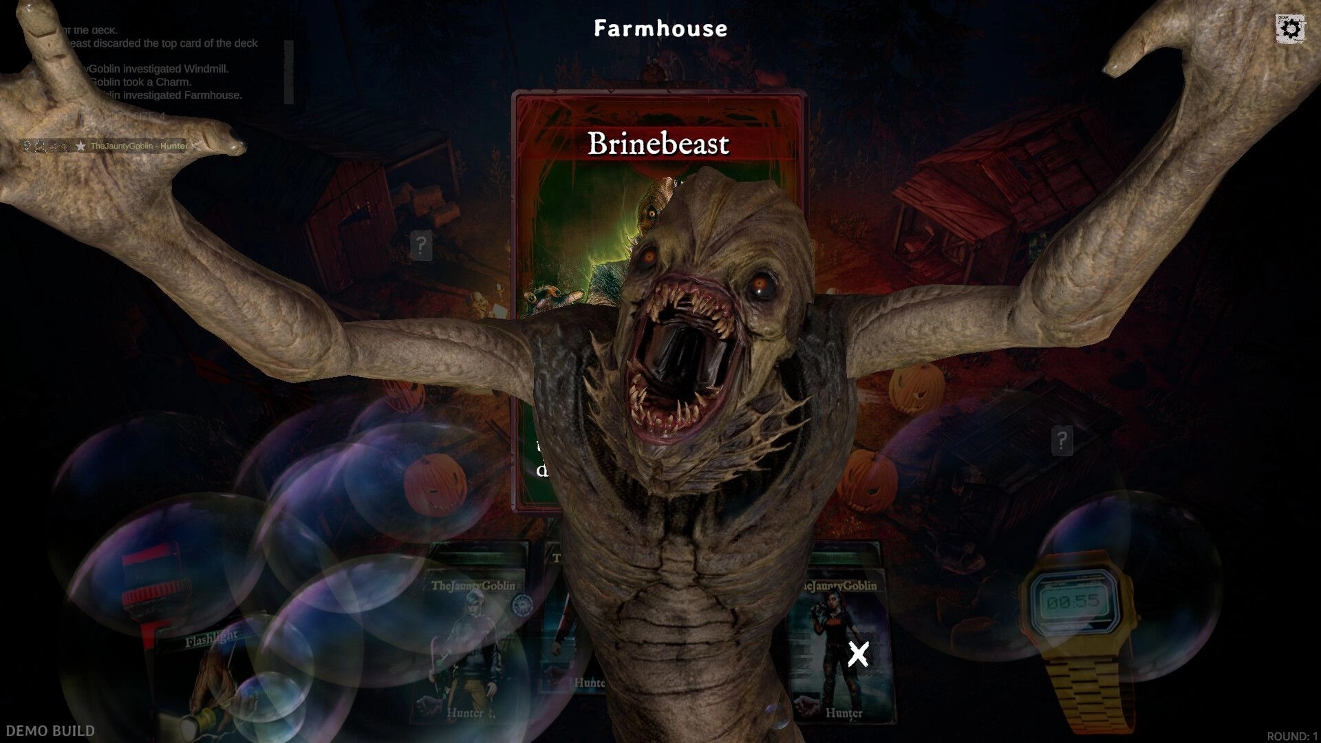 DEMONS: Brinebeast lunges forward in a farmhouse setting with cards and spooky elements surrounding it.