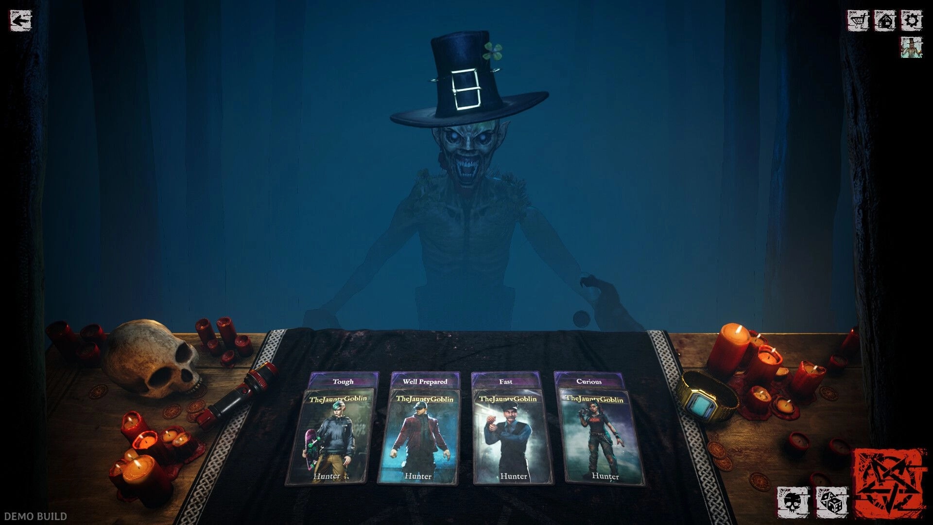 DEMONS: Creepy figure looms over table with four Hunter cards, candles, and a skull in dark room.