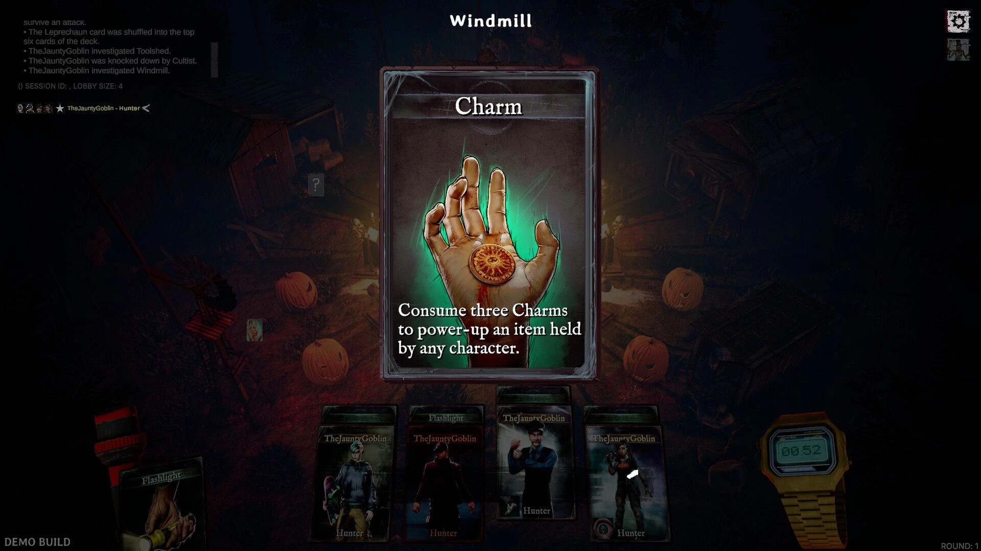 DEMONS: Central card displays a Charm in a dark windmill setting with player cards below