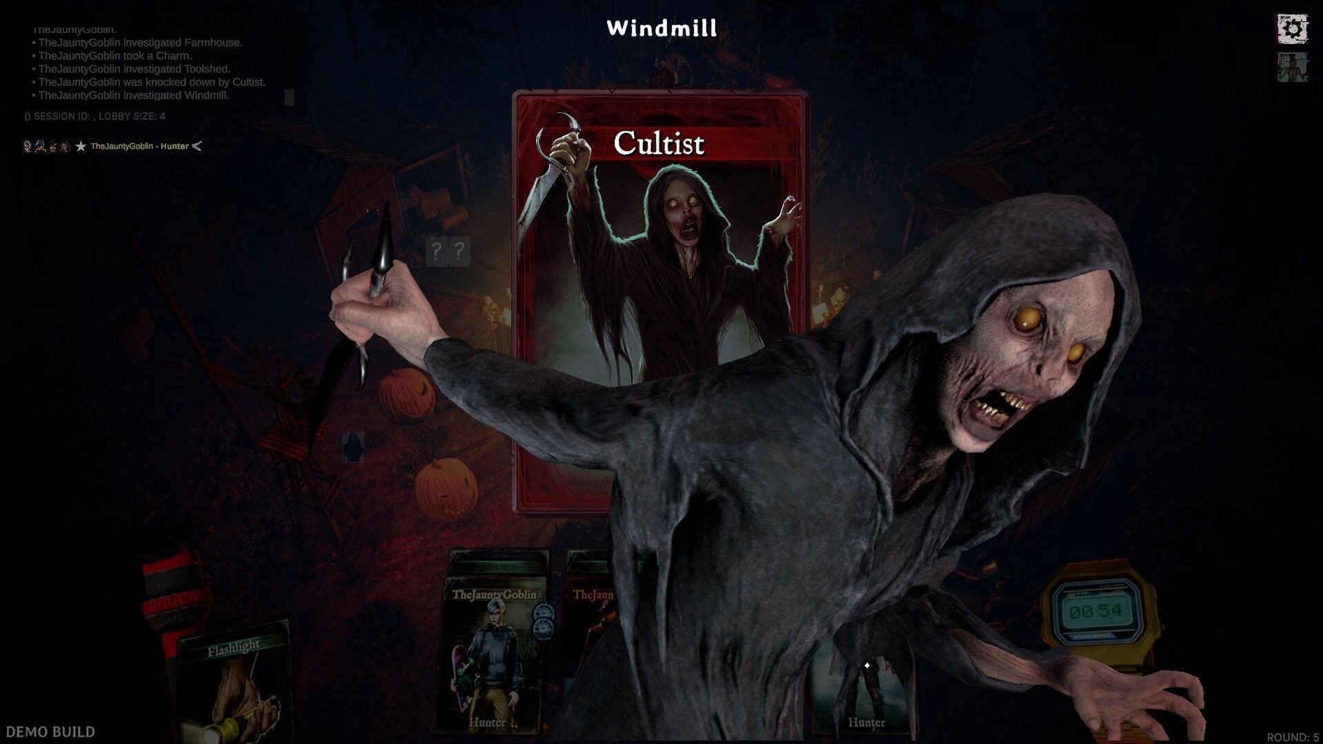 DEMONS: Cultist card with a menacing figure in a dark windmill setting, surrounded by pumpkins.